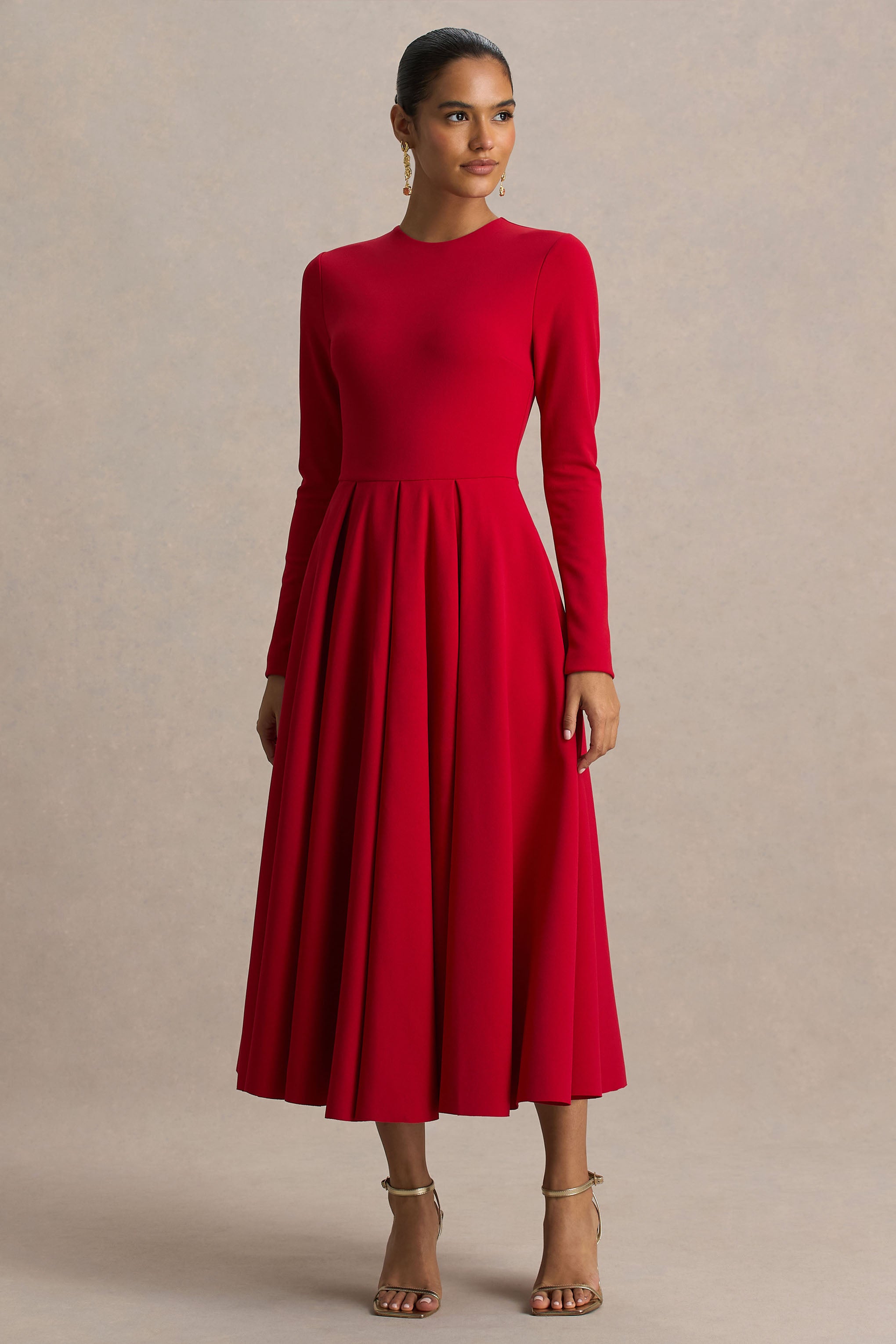 Bellamy | Red Crew-Neck Long-Sleeve Midi Dress-Sowoom