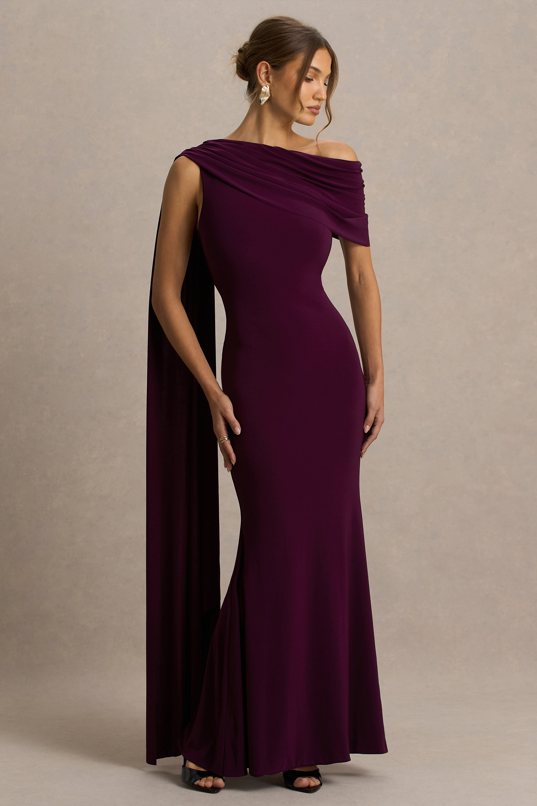 Tiana | Dark Plum Asymmetric-Neck Maxi Dress With Draped Detail-Sowoom