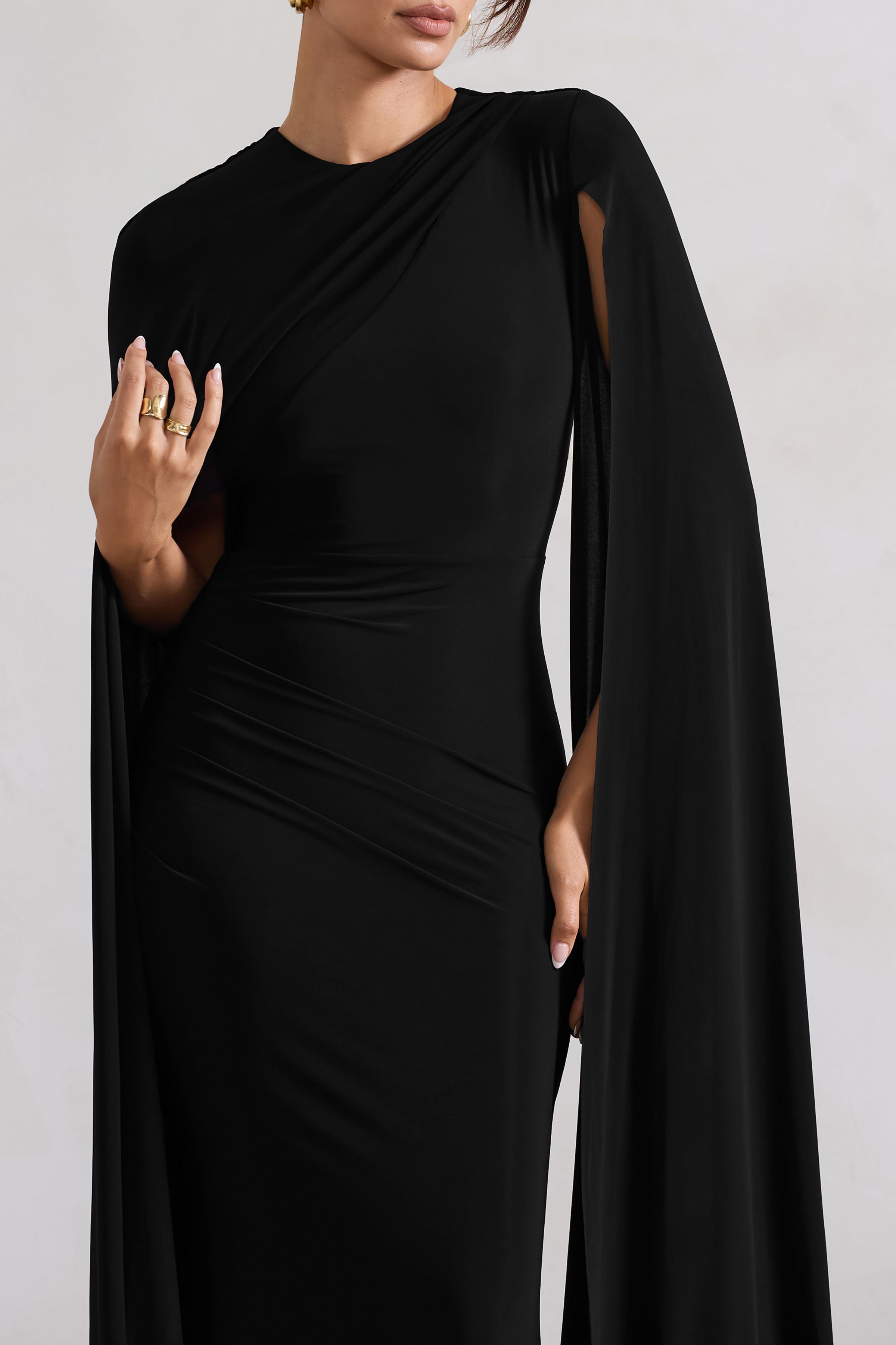 Magdelena | Black Asymmetric Cape Maxi Dress-Sowoom