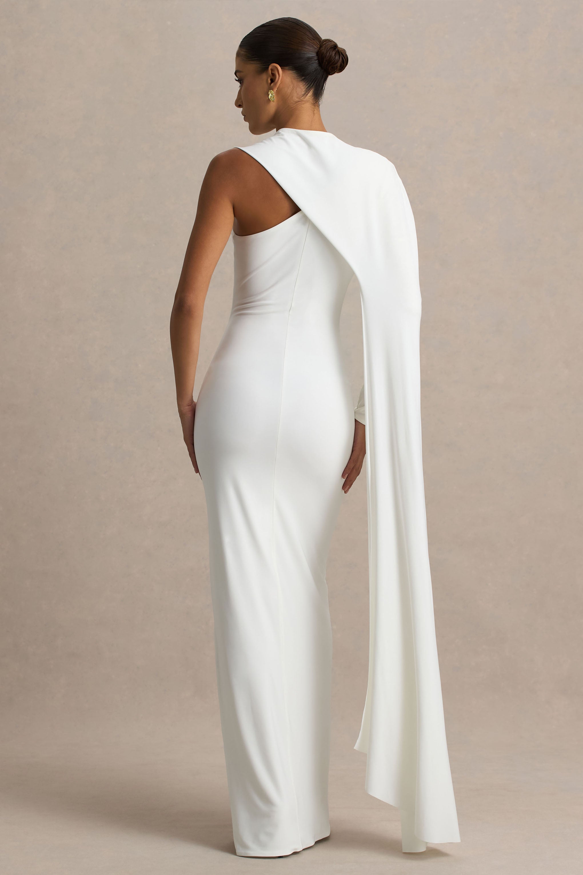 Dawn | Cream High-Neck Maxi Dress With One Long Cape-Sleeve-Sowoom