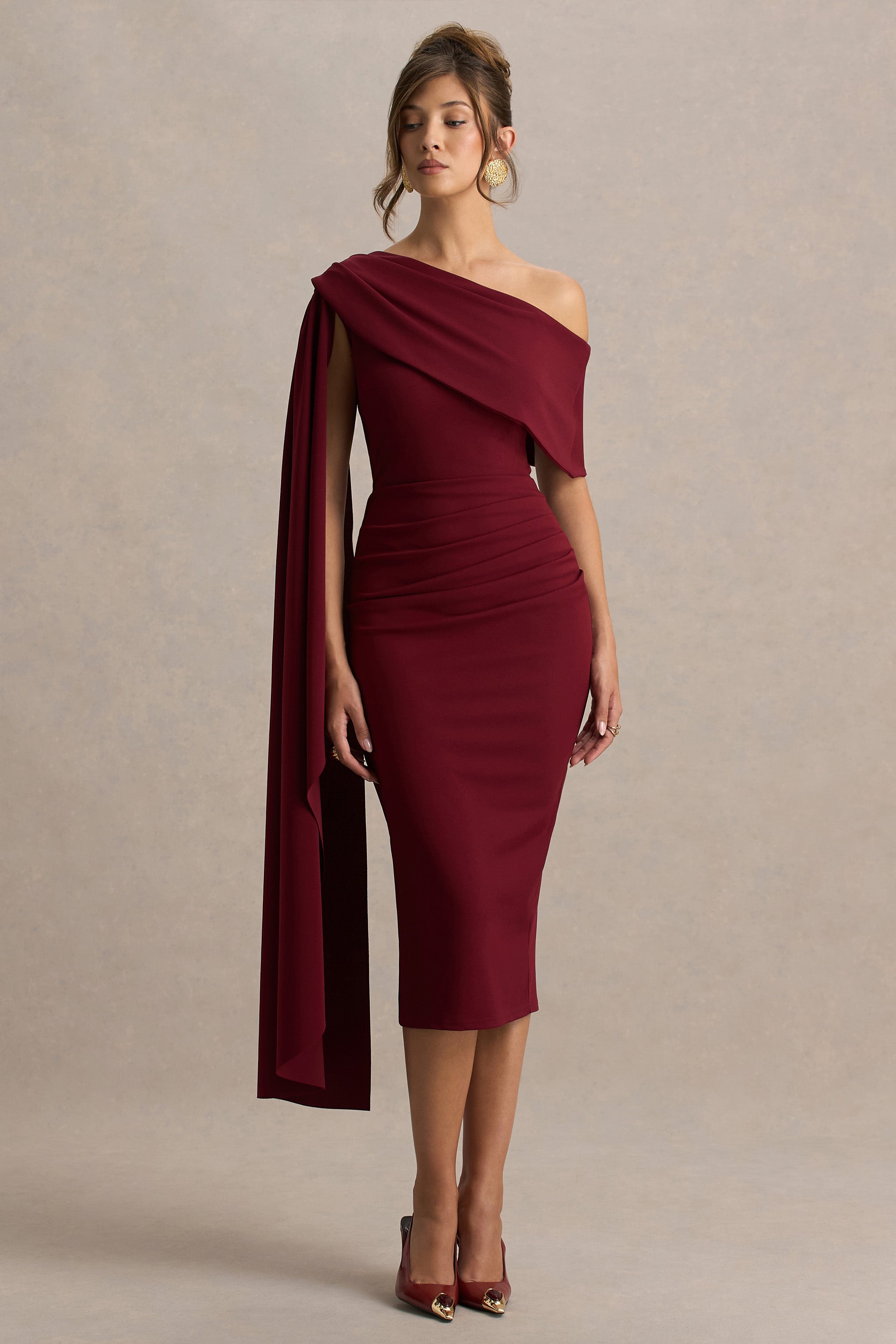 Leah | Burgundy Asymmetric-Neck Midi Dress With Cape-Sleeve-Sowoom