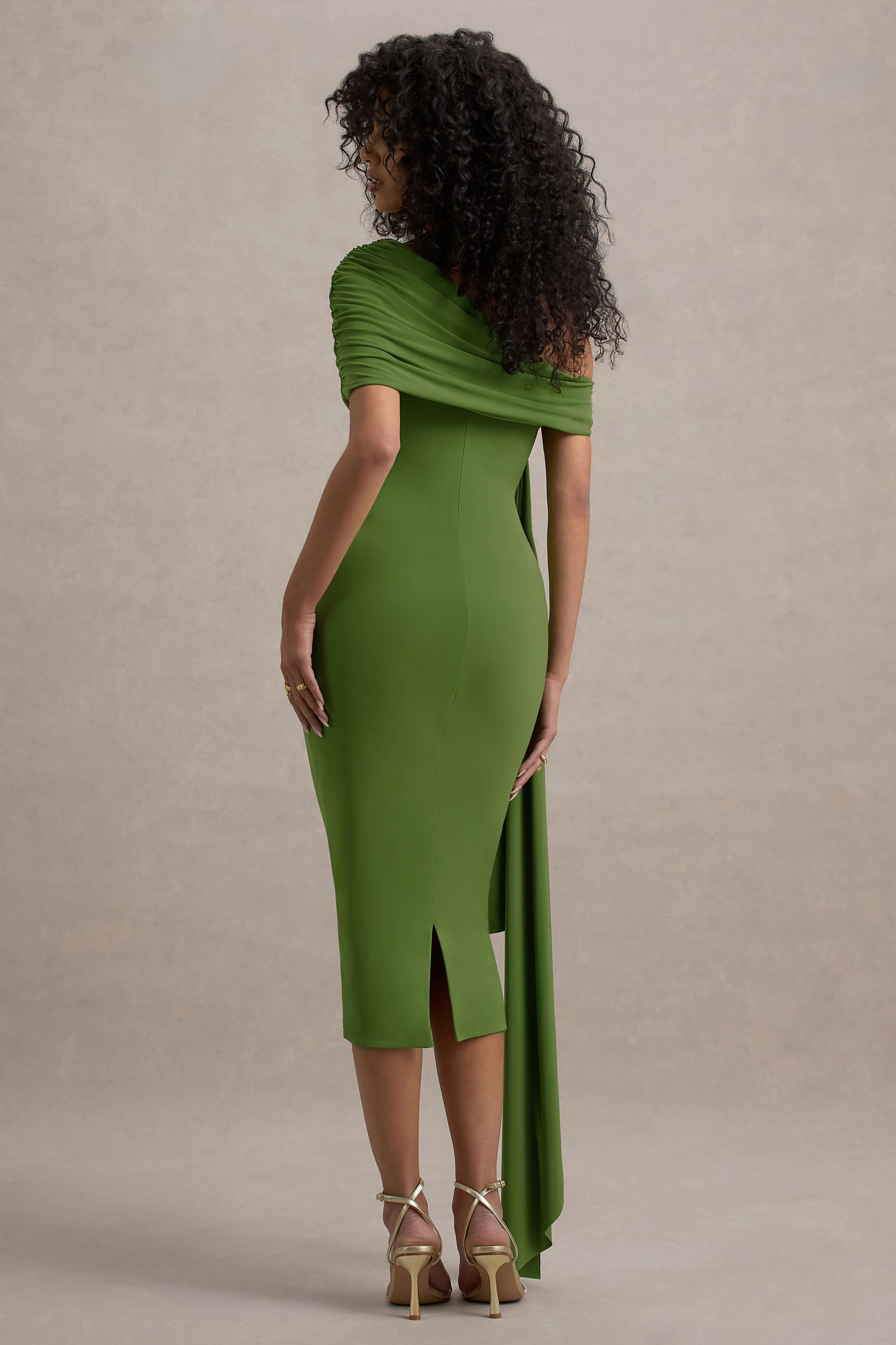 Vallea | Green One-Shoulder Draped Midi Dress-Sowoom