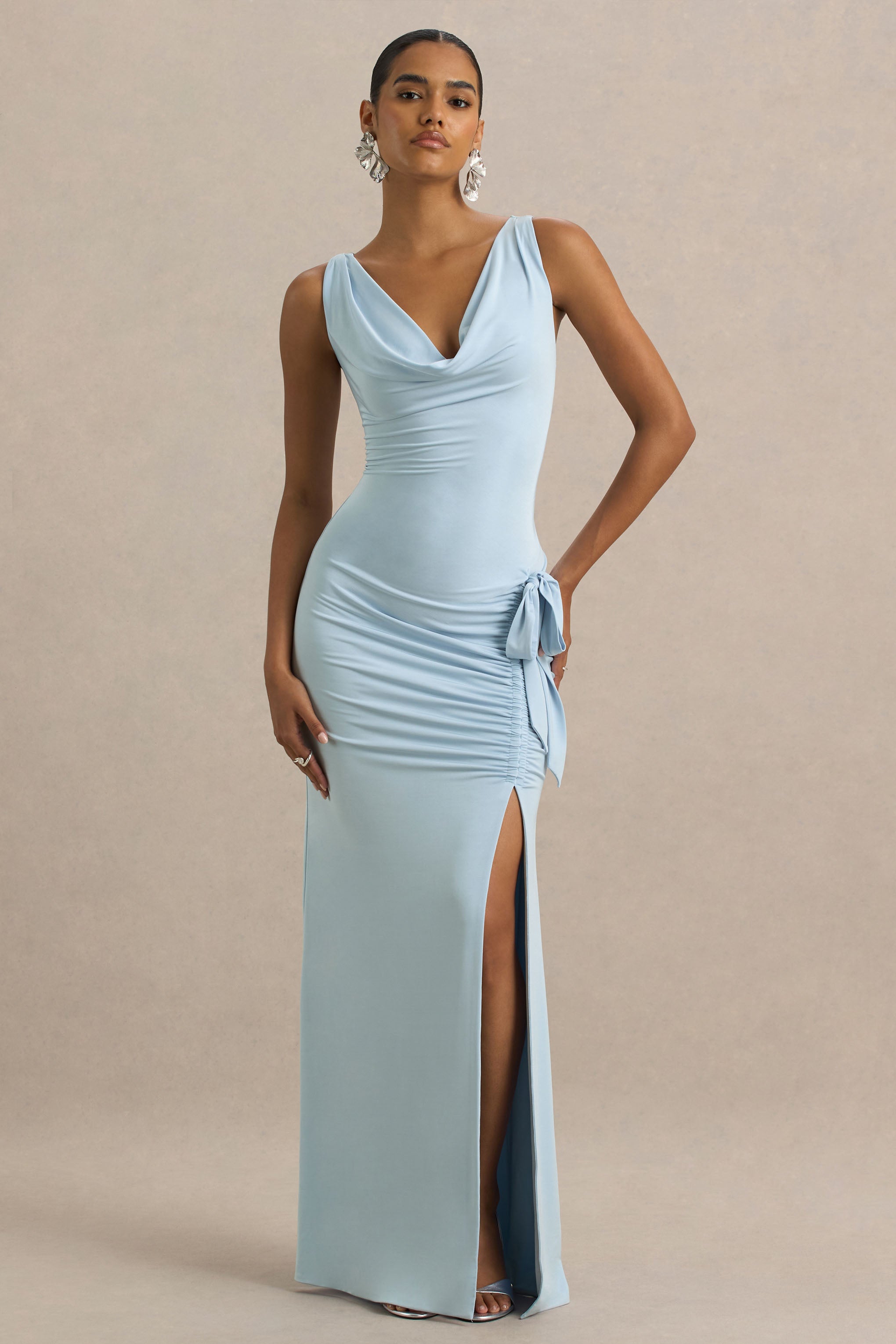 Pure Affection | Powder Blue Cowl-Neck Maxi Dress With Ruched Detailing And Front High Split-Sowoom