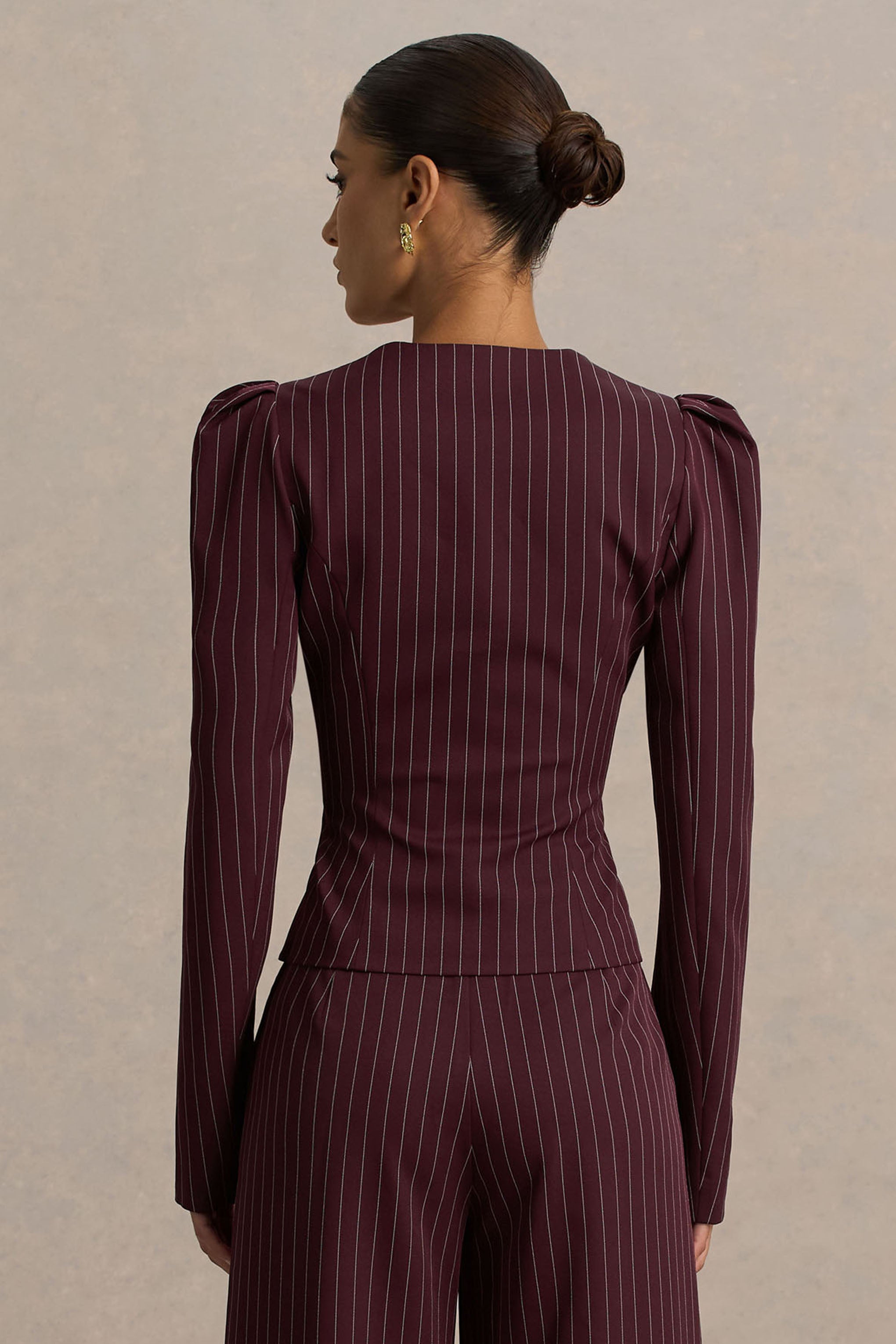 Lana | Burgundy Pinstripe Woven Sweetheart-Neck Tailored Top-Sowoom