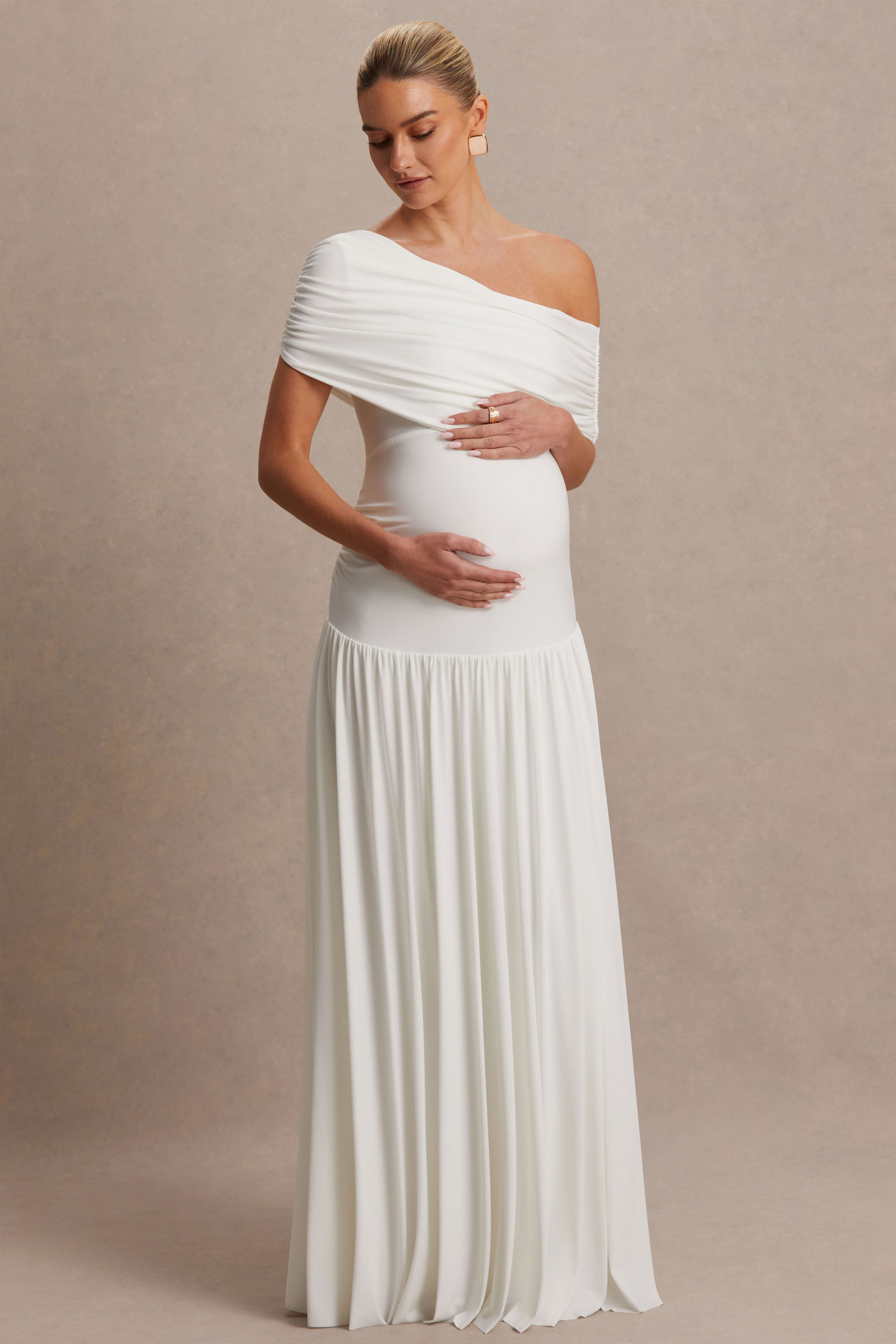 Noah | White Asymmetric-Neck Maternity Maxi Dress With Drop-Waist-Sowoom