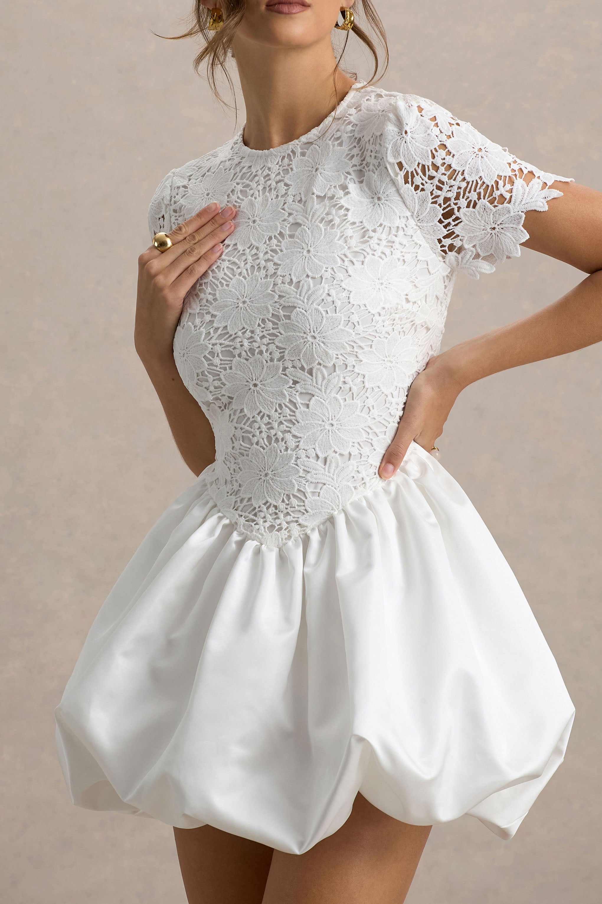 Taffy | White Lace Mini Dress With Satin Puffball Skirt-Sowoom
