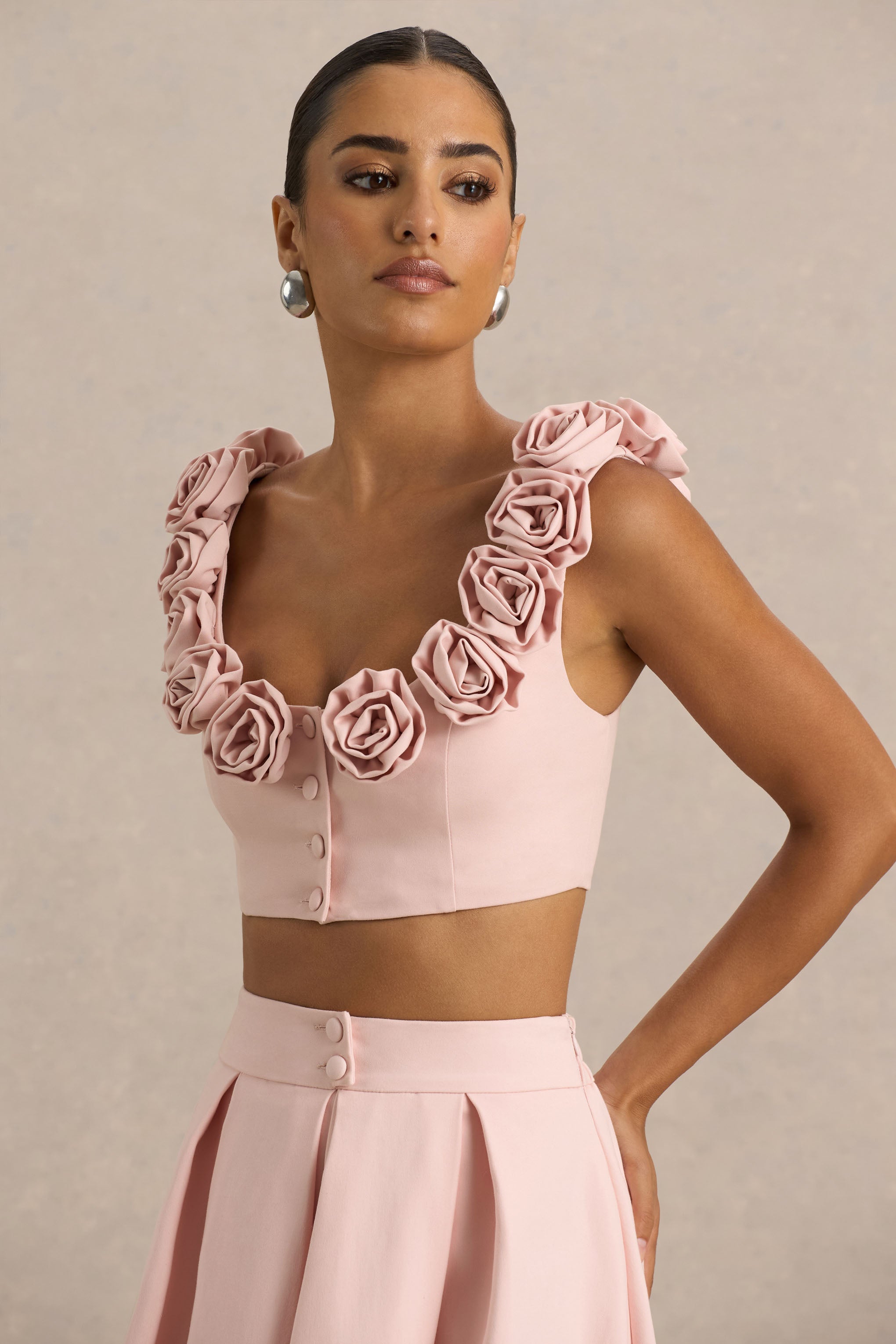 Blade | Baby Pink Scoop-Neck Crop Top With Corsage Details-Sowoom