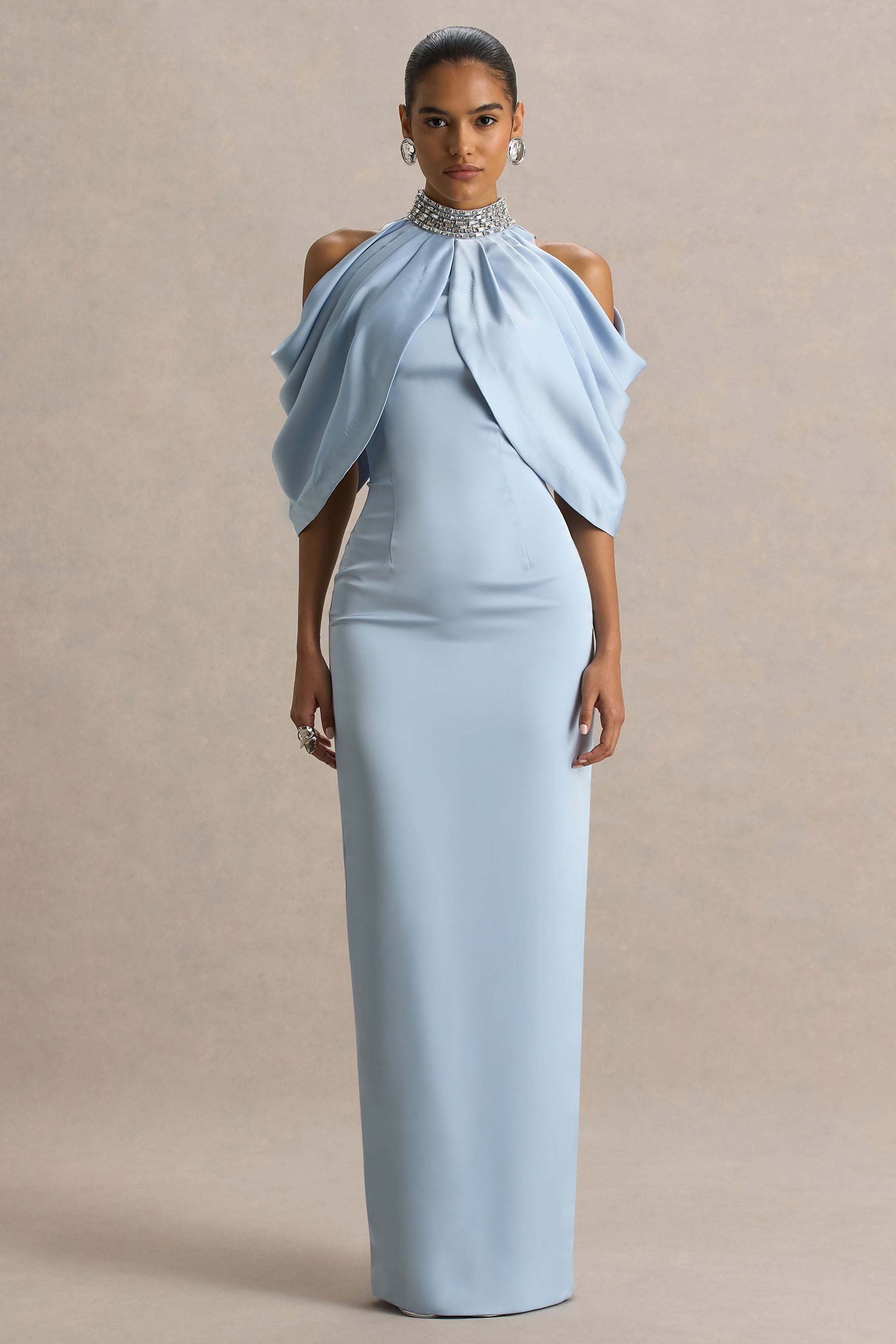 Sulliana | Powder Blue Satin High-Neck Maxi Dress With Embellished Detail And Cape Sleeves-Sowoom