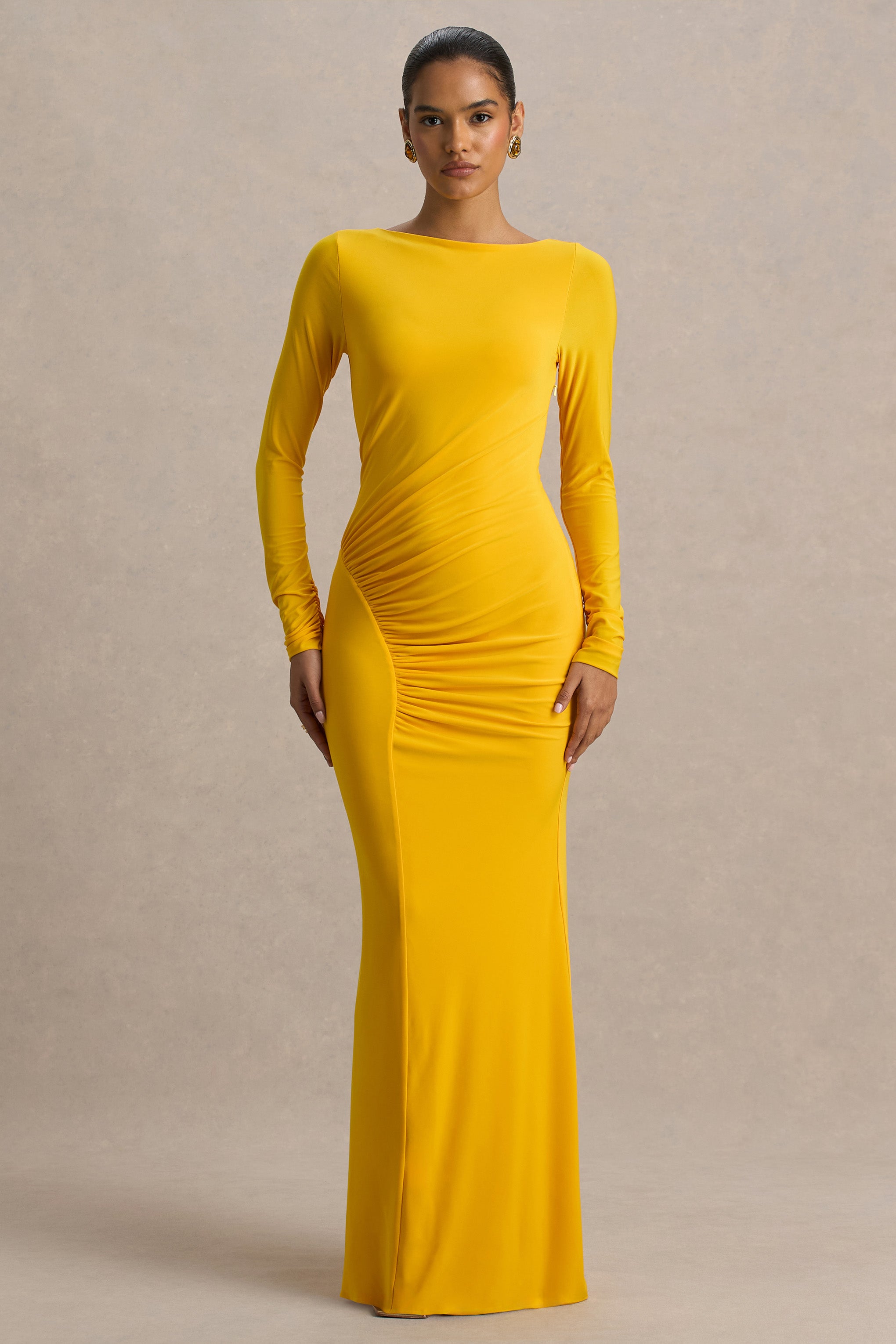 Diva | Yellow Slashed-Neck Maxi Dress With Ruched Detailing-Sowoom