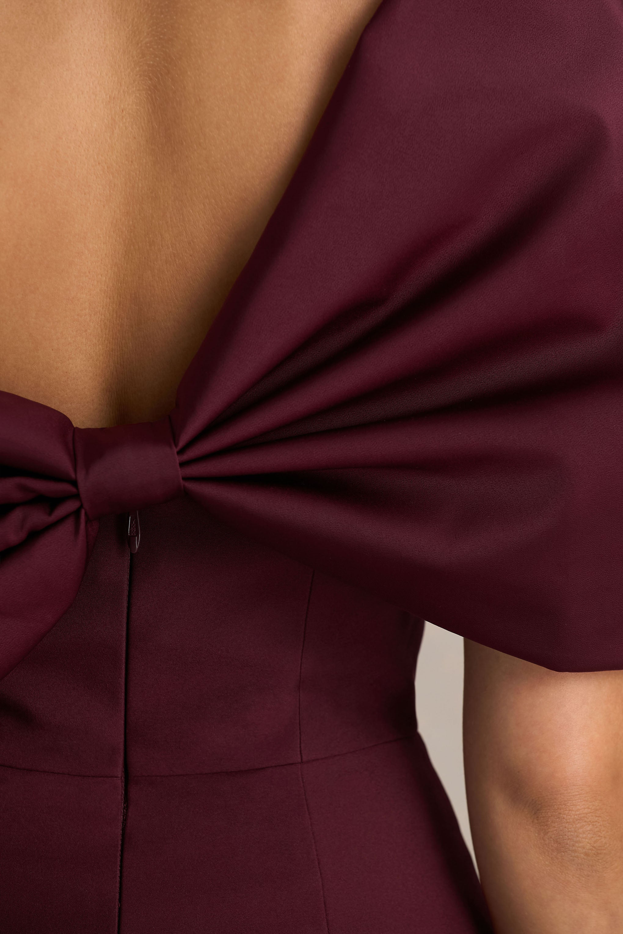 Lucille | Burgundy Asymmetric Bardot Midi Dress With Bow Detail-Sowoom