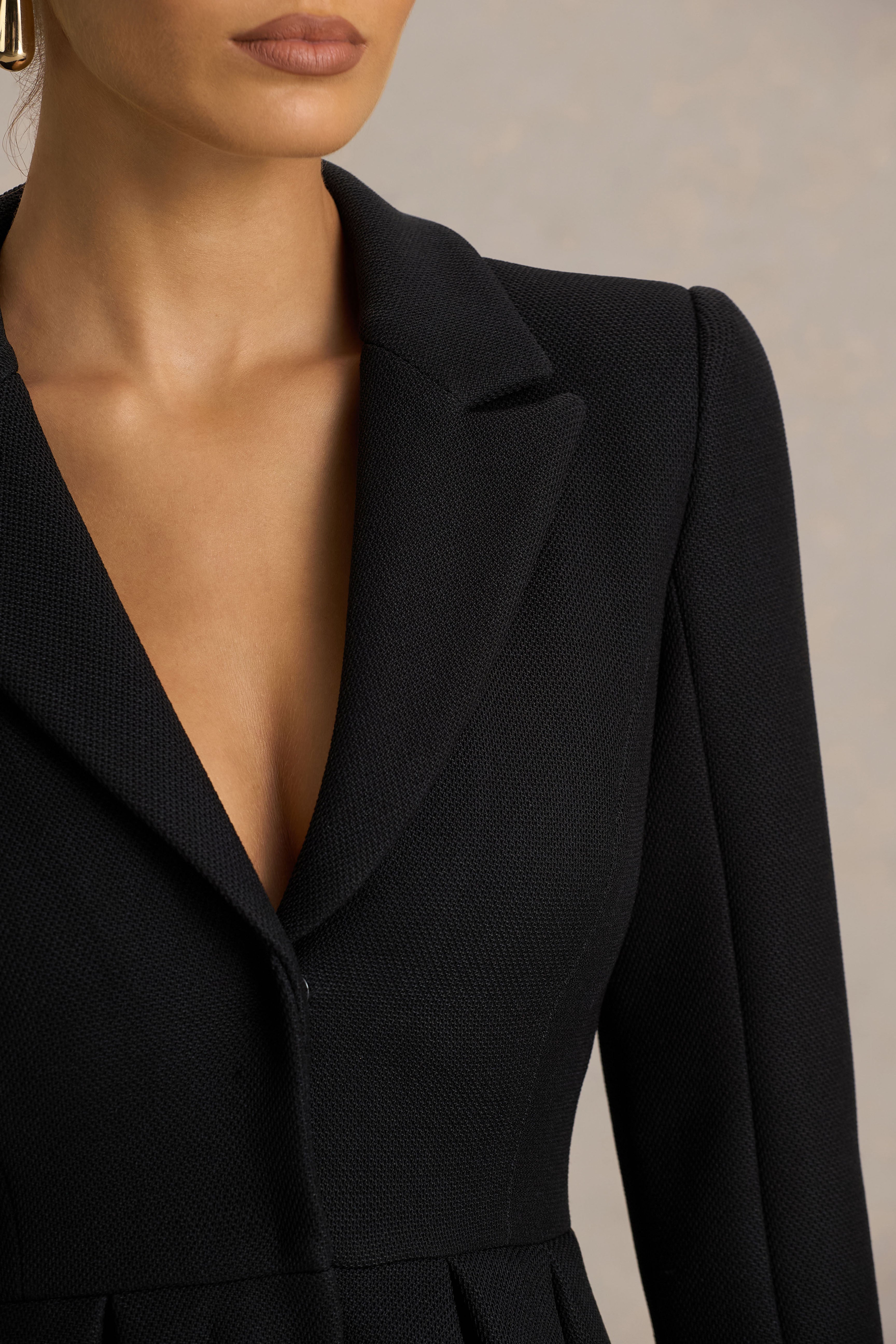 Kat | Black Plunge-Neck Tailored Mini Dress-Sowoom