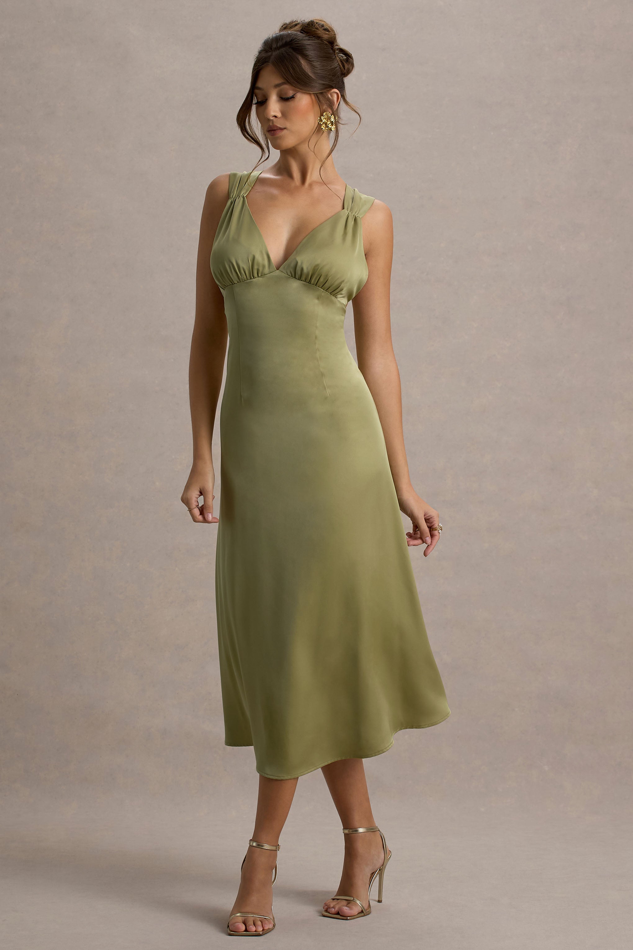 Beck | Light Green Satin Plunge-Neck Cross-Back Midi Dress-Sowoom