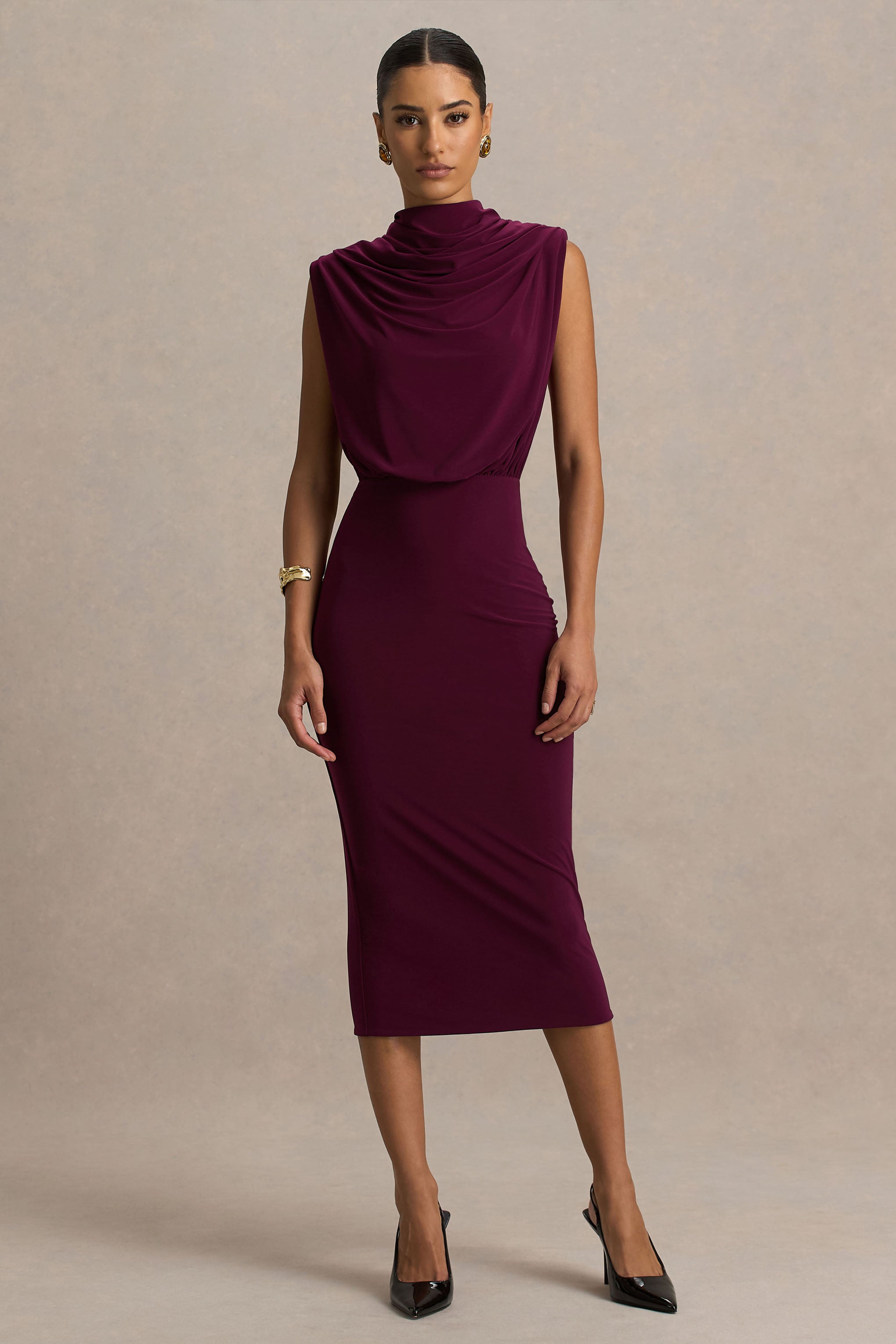 Hermia | Burgundy High-Neck Midi Dress-Sowoom