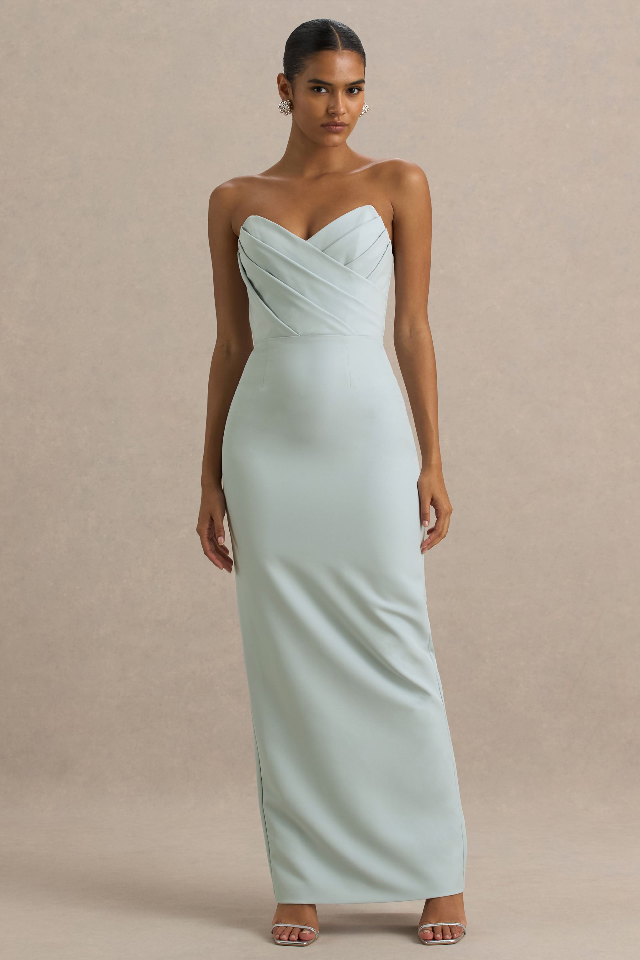 Fierce | Light Blue Asymmetric Ruched Maxi Dress-Sowoom