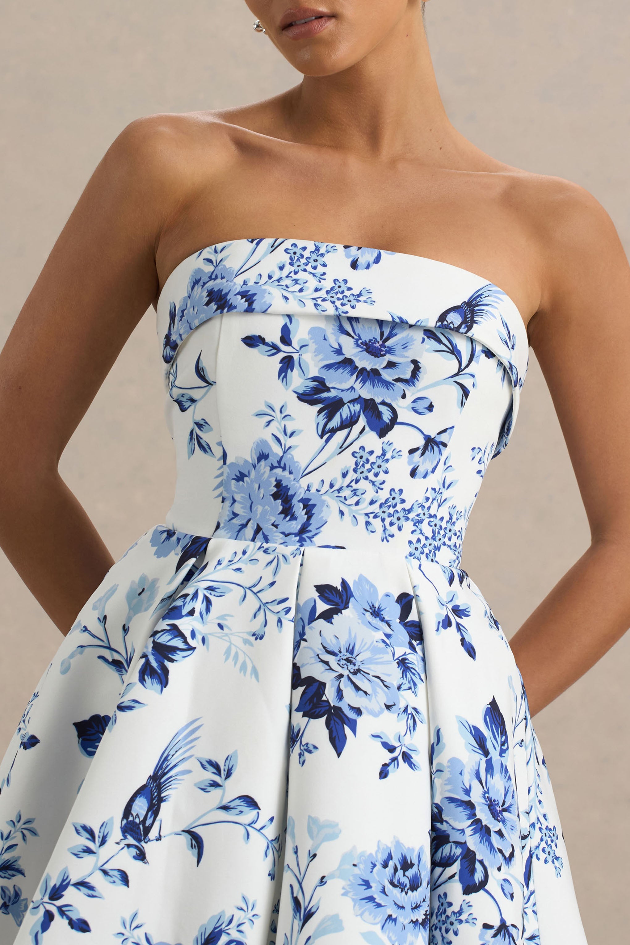 Fiorenza | Blue Porcelain Print Bandeau Mini Dress With Volume Skirt-Sowoom