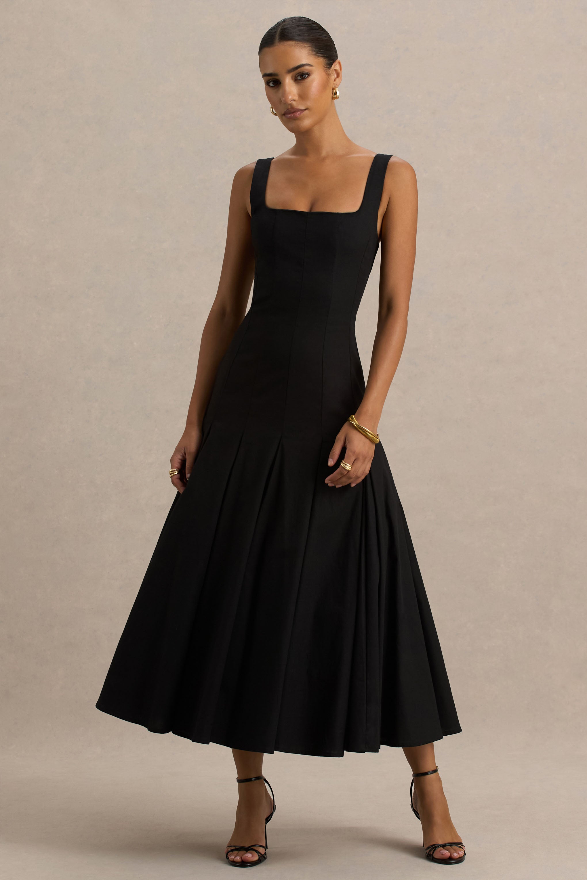 Magnolia | Black Scoop-Neck Midi Dress With Drop-Waist And Ruffling Detail-Sowoom