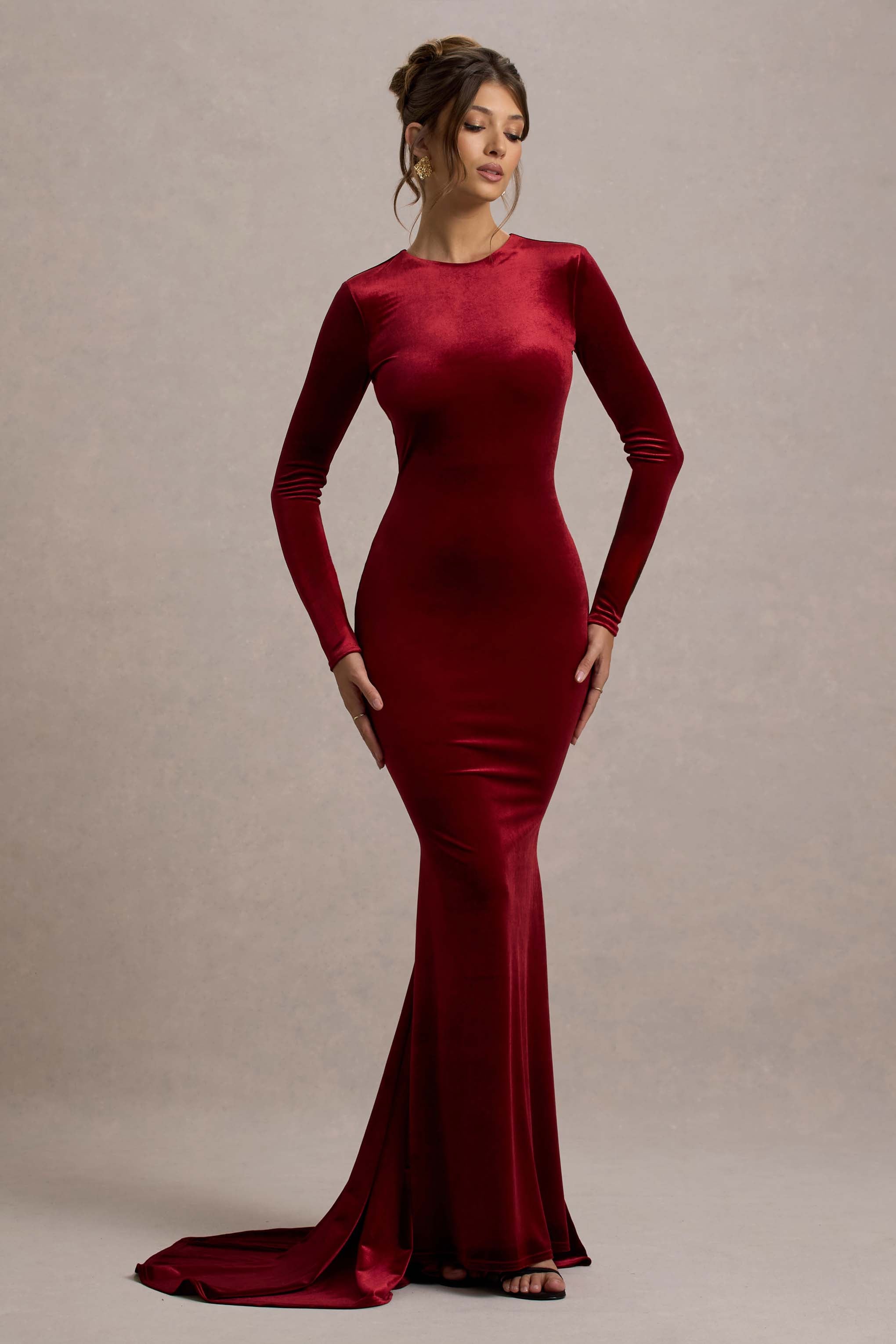 Keaton | Berry Velvet Long-Sleeve Open-Back Maxi Dress-Sowoom