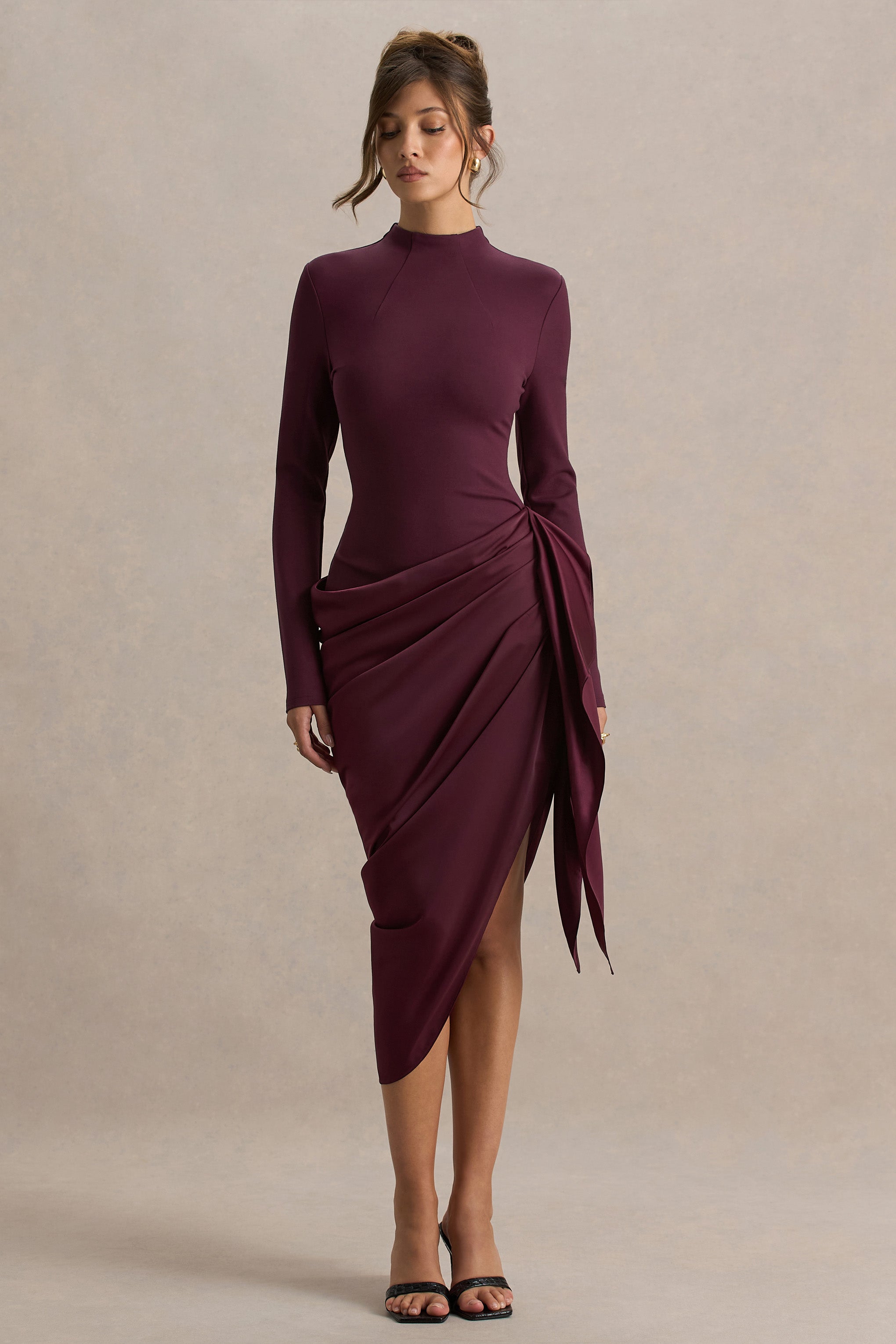 Raffie | Plum Long-Sleeve Midi Dress With Satin Wrap Skirt-Sowoom