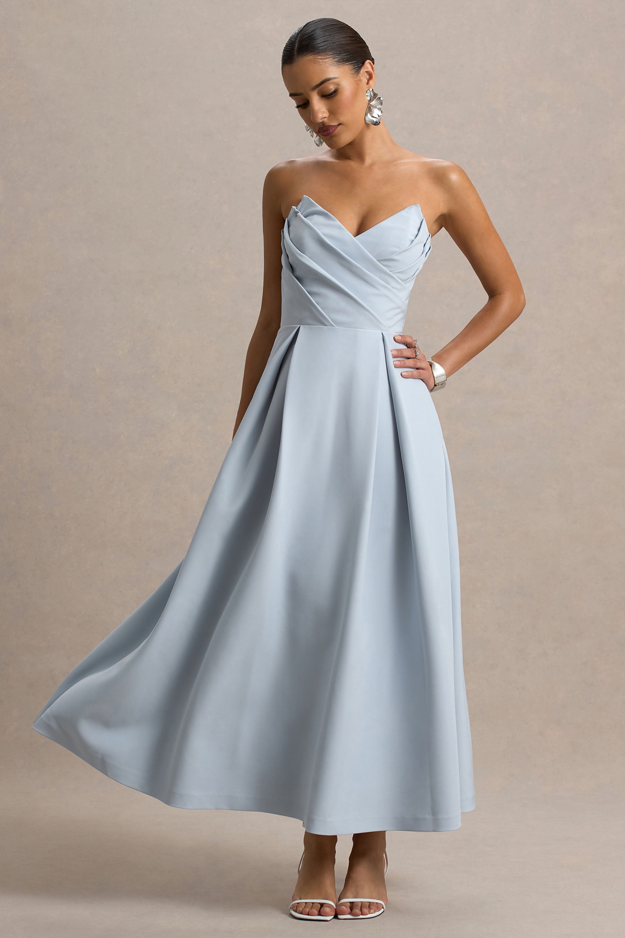 Reigning Beauty | Powder Blue Sweetheart Midi Dress With Volume Hem-Sowoom