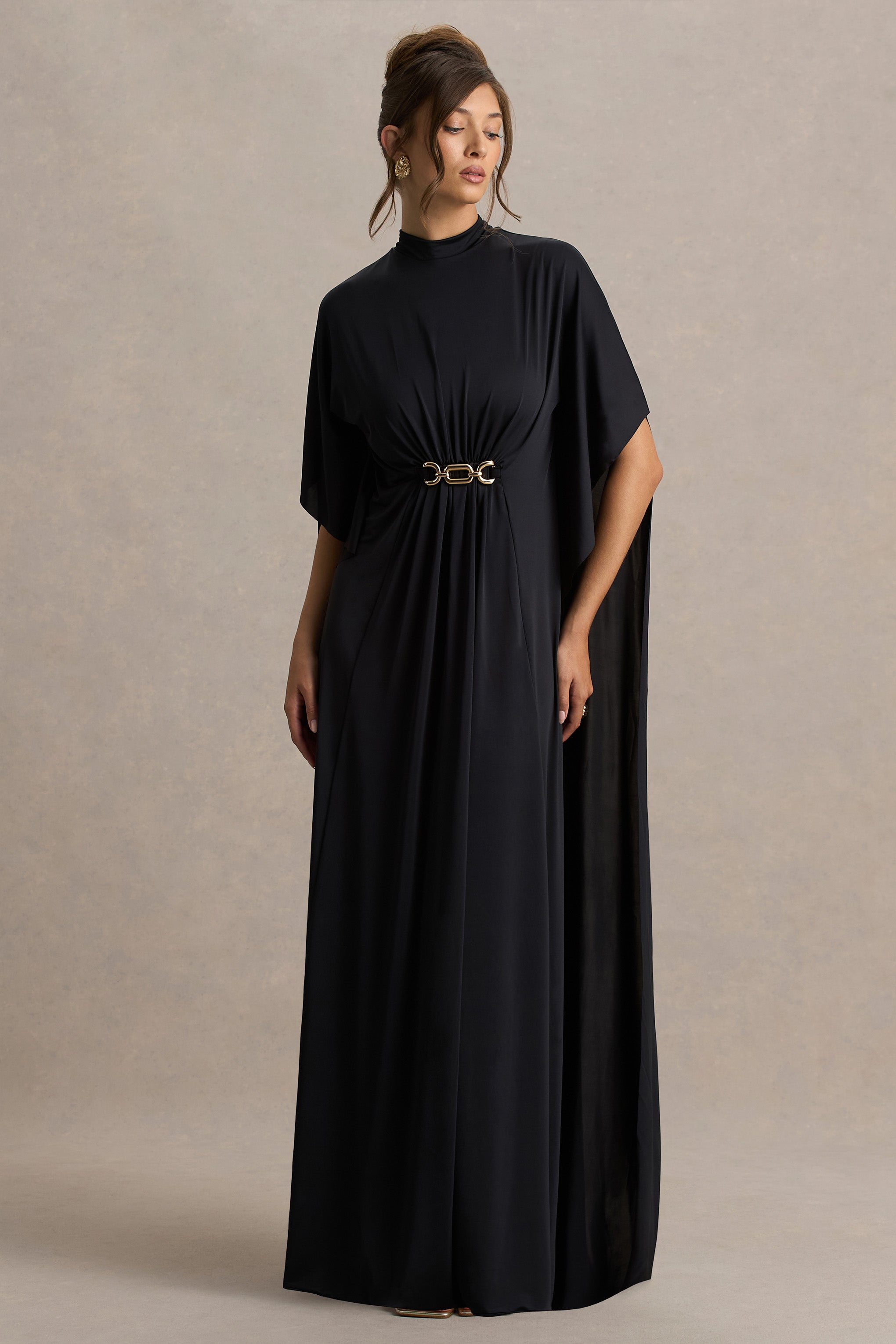 Olessia | Black Belted Gathered Cape-Sleeve Maxi Dress-Sowoom