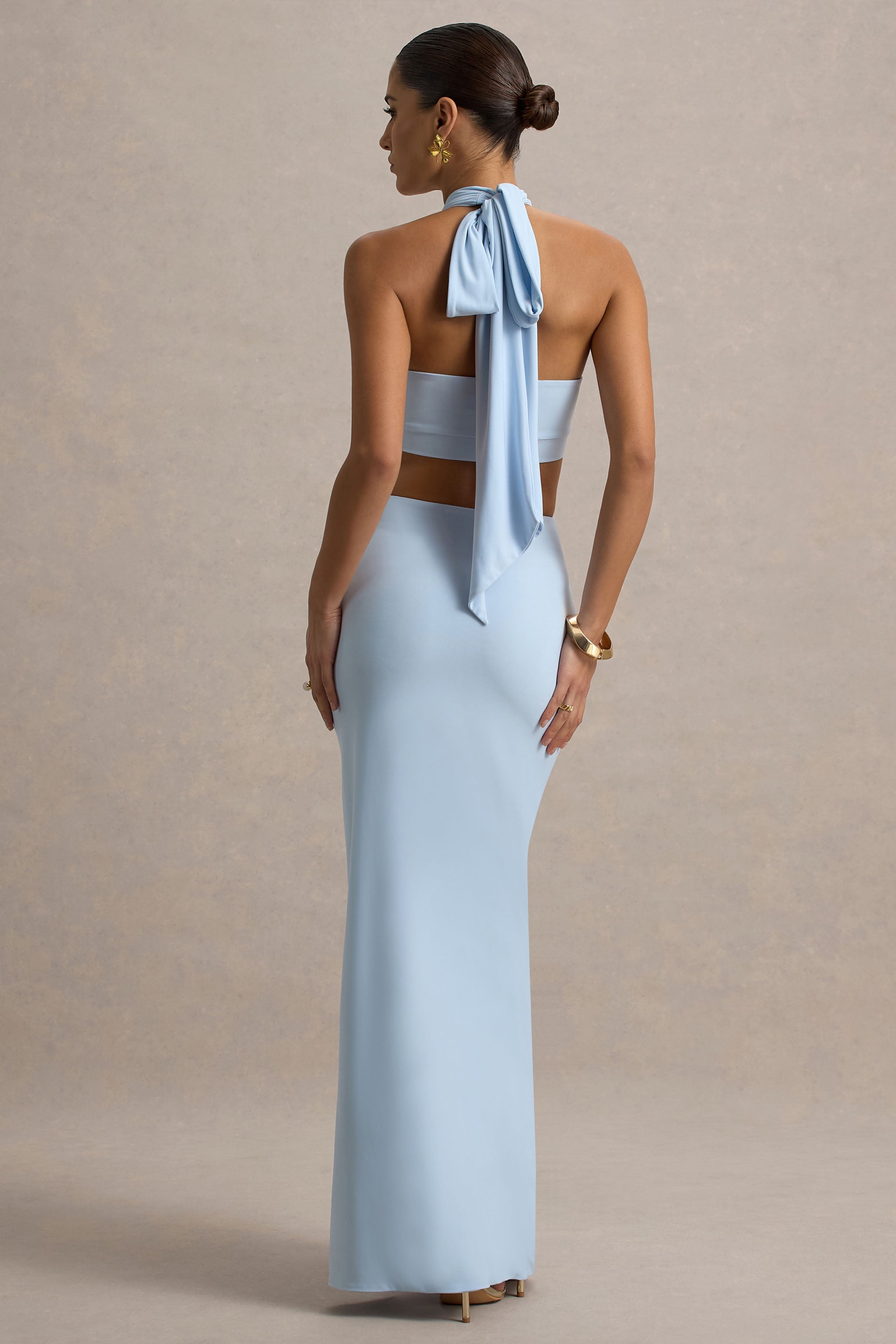 Aura | Powder Blue Halter-Neck Cut-Out Split Maxi Dress-Sowoom