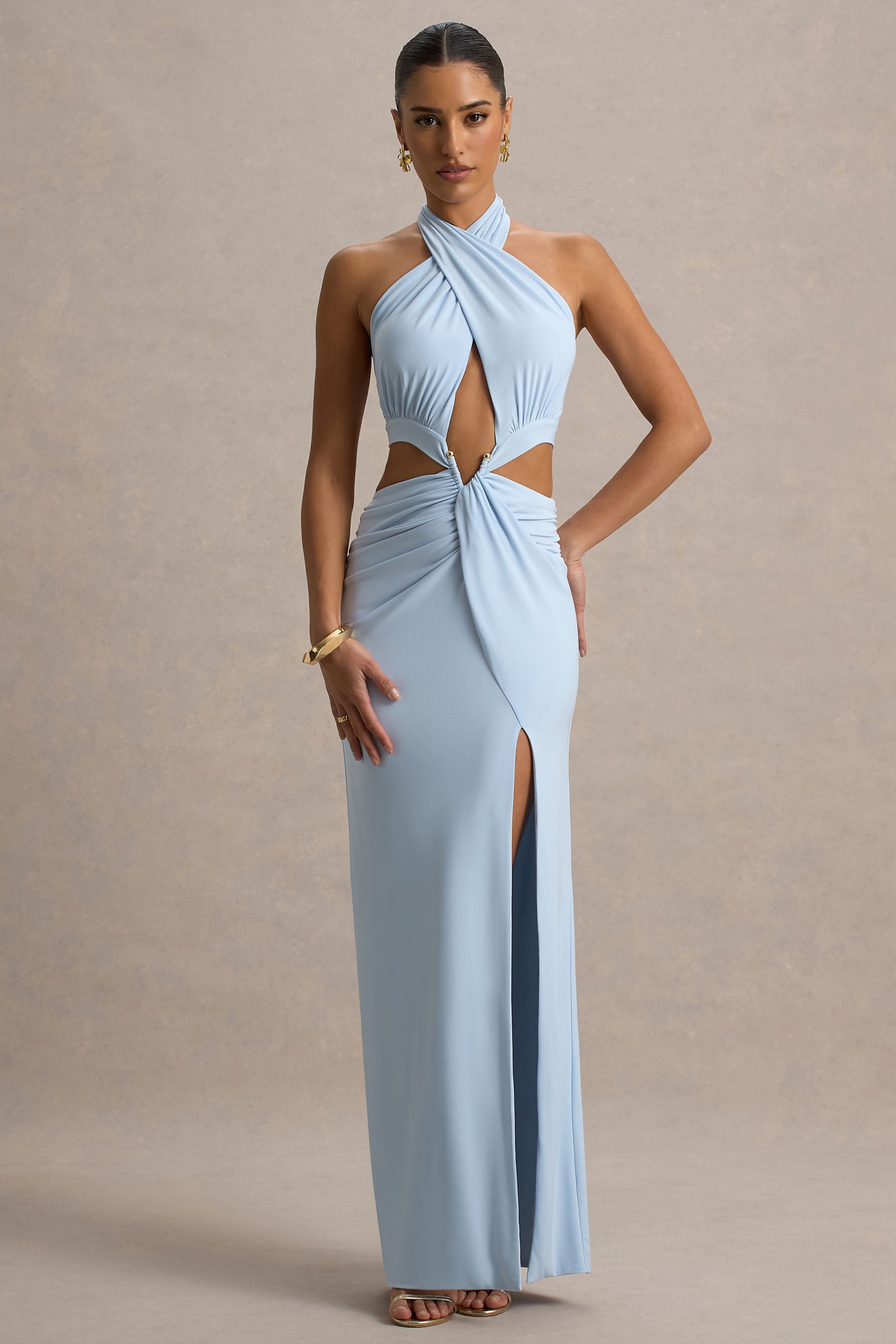 Aura | Powder Blue Halter-Neck Cut-Out Split Maxi Dress-Sowoom