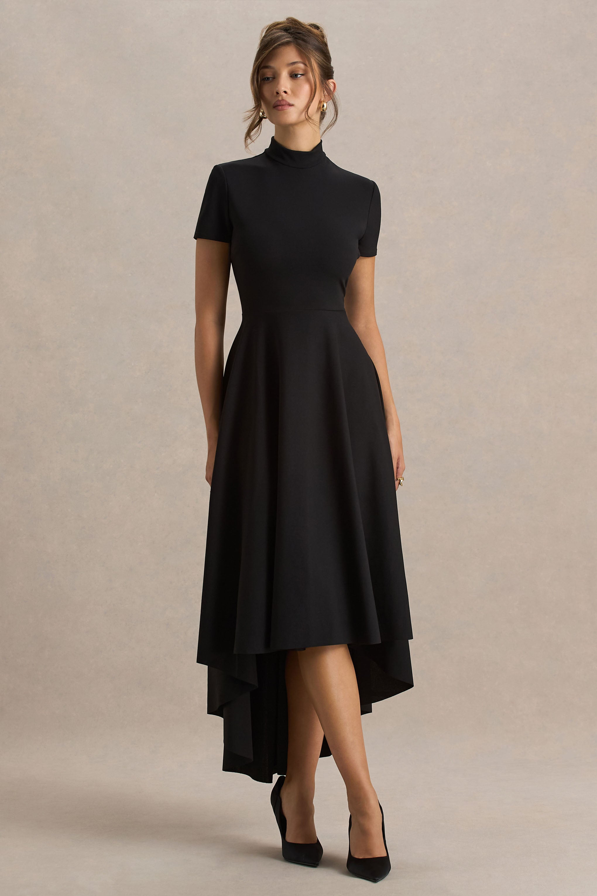 Bellona | Black High-Neck High-Low Midi Dress-Sowoom