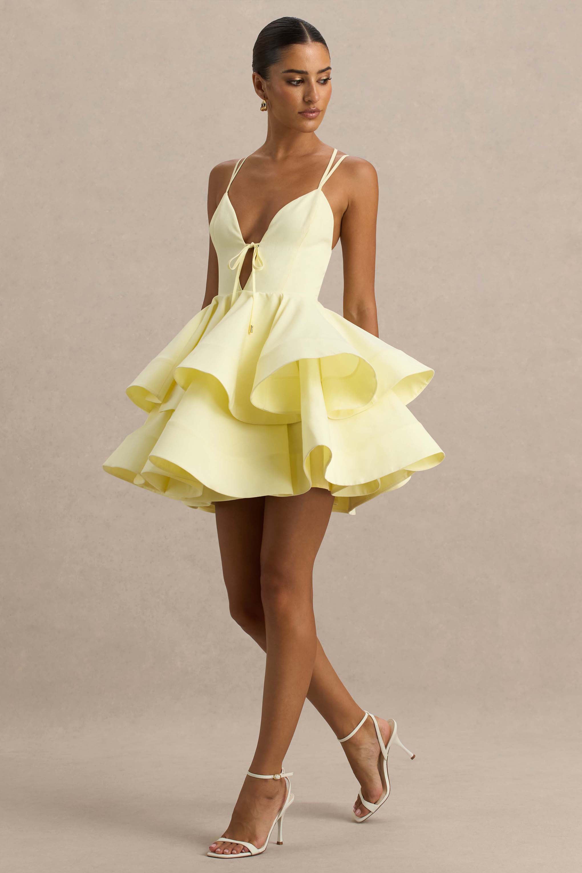 Flavia | Lemon Plunge-Neck Ruffled Skater Micro-Mini Dress-Sowoom