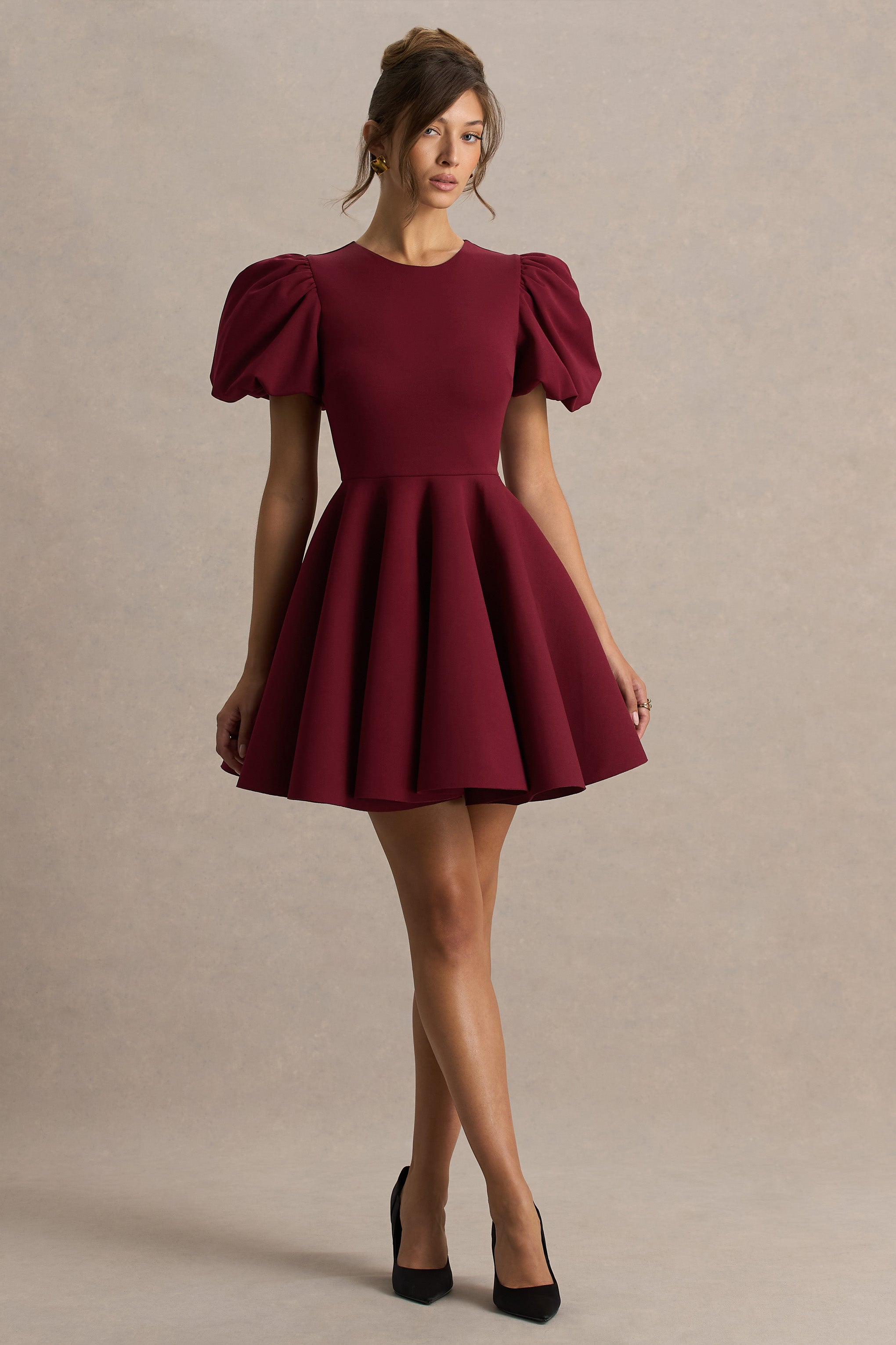 Emelia | Burgundy Puff-Sleeve Skater Mini Dress-Sowoom
