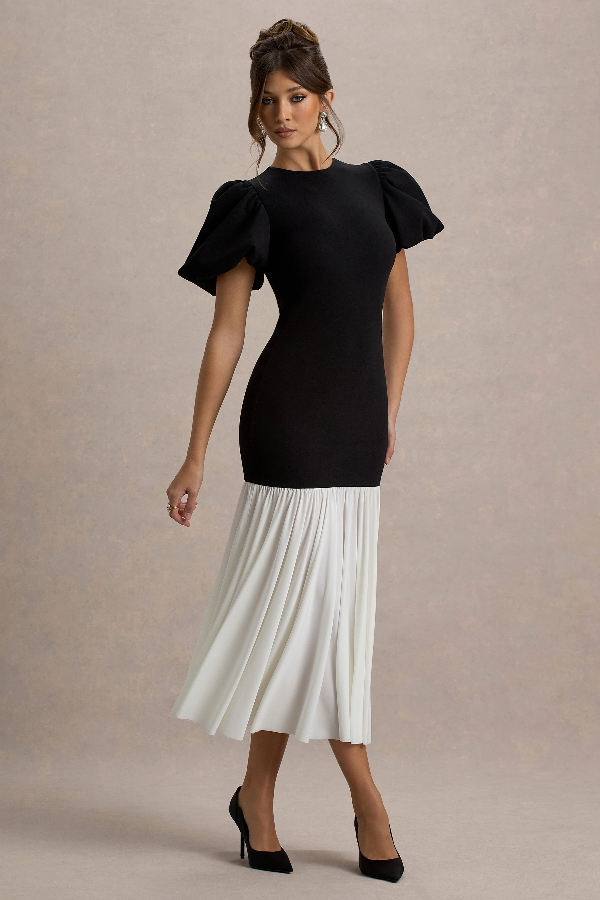 Cinzia | Black & White Puff-Sleeve Volume-Hem Midi Dress-Sowoom