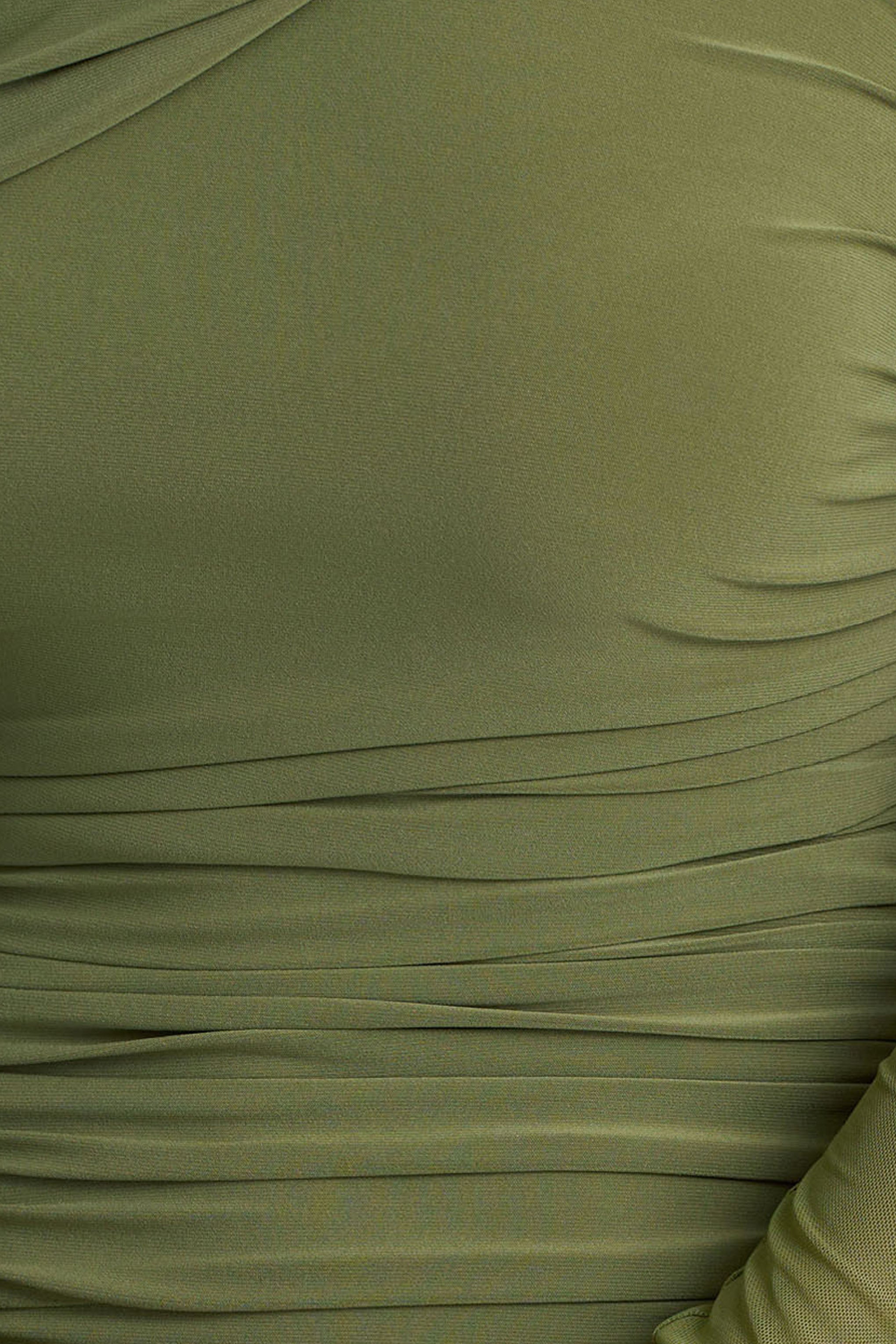 Gina | Olive Asymmetric-Neck Ruched Mini Dress-Sowoom