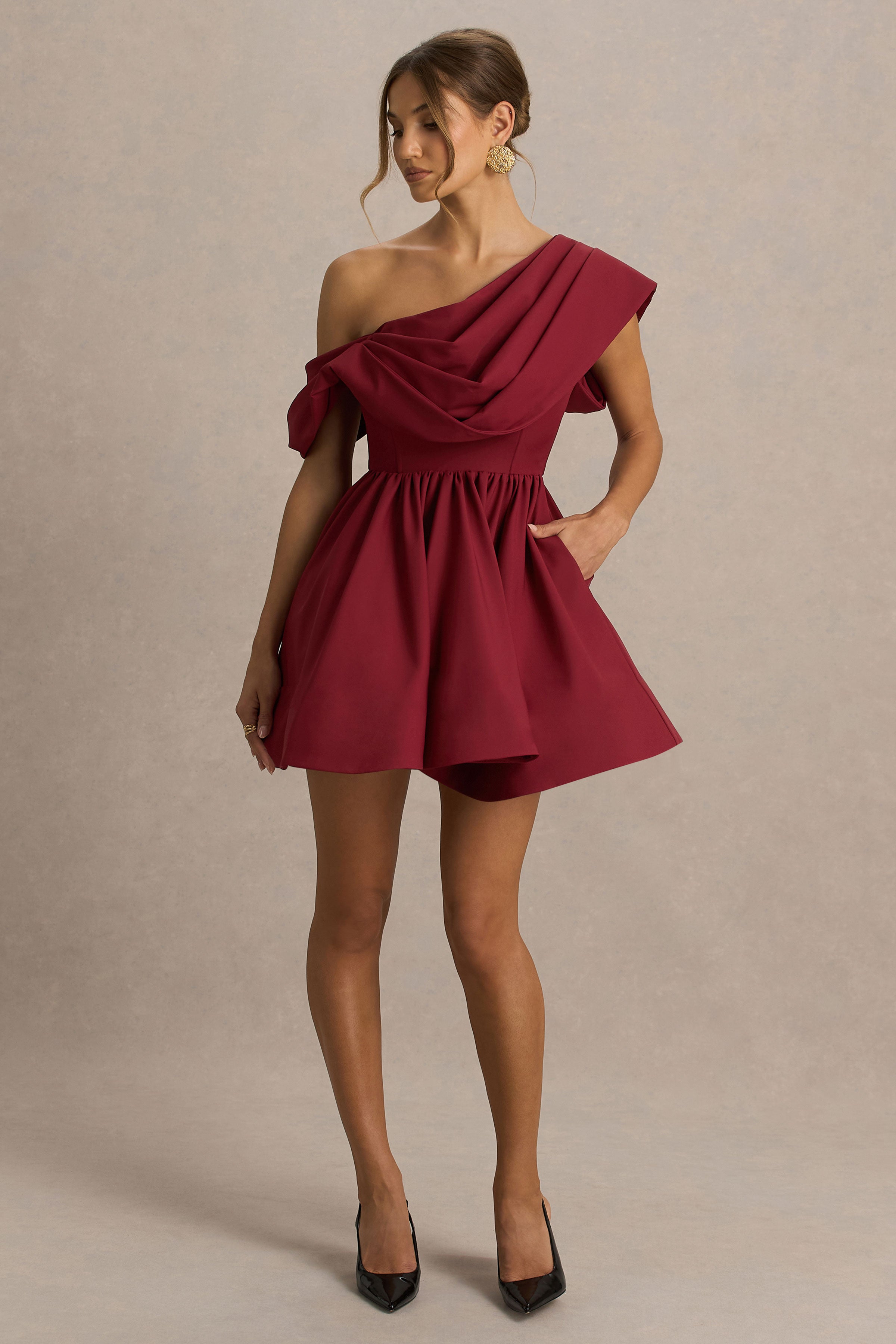 Verona | Burgundy  Draped Asymmetric-Neck Skater Mini Dress-Sowoom