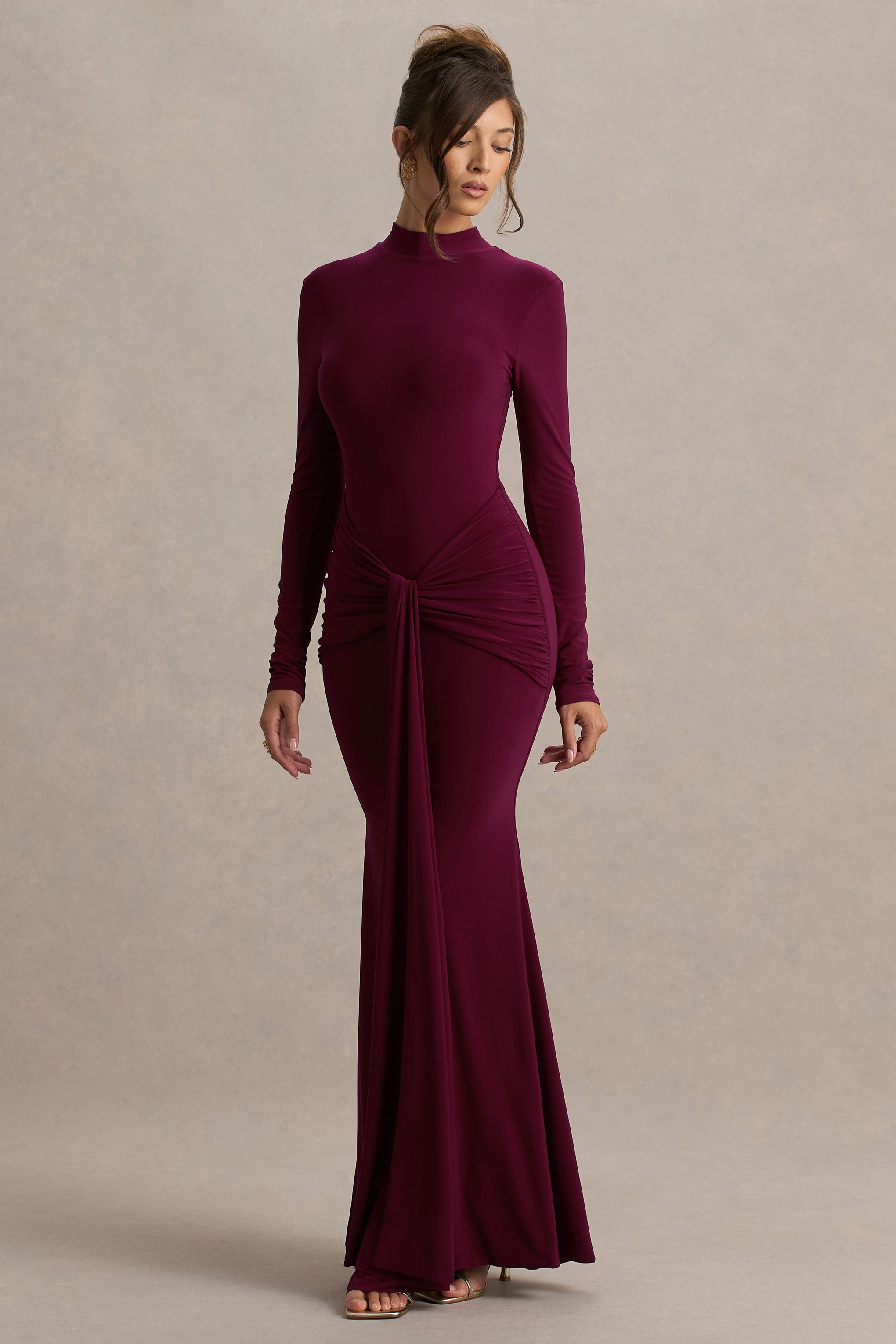 Pietra | Berry High-Neck Long Sleeve Knot Maxi Dress-Sowoom