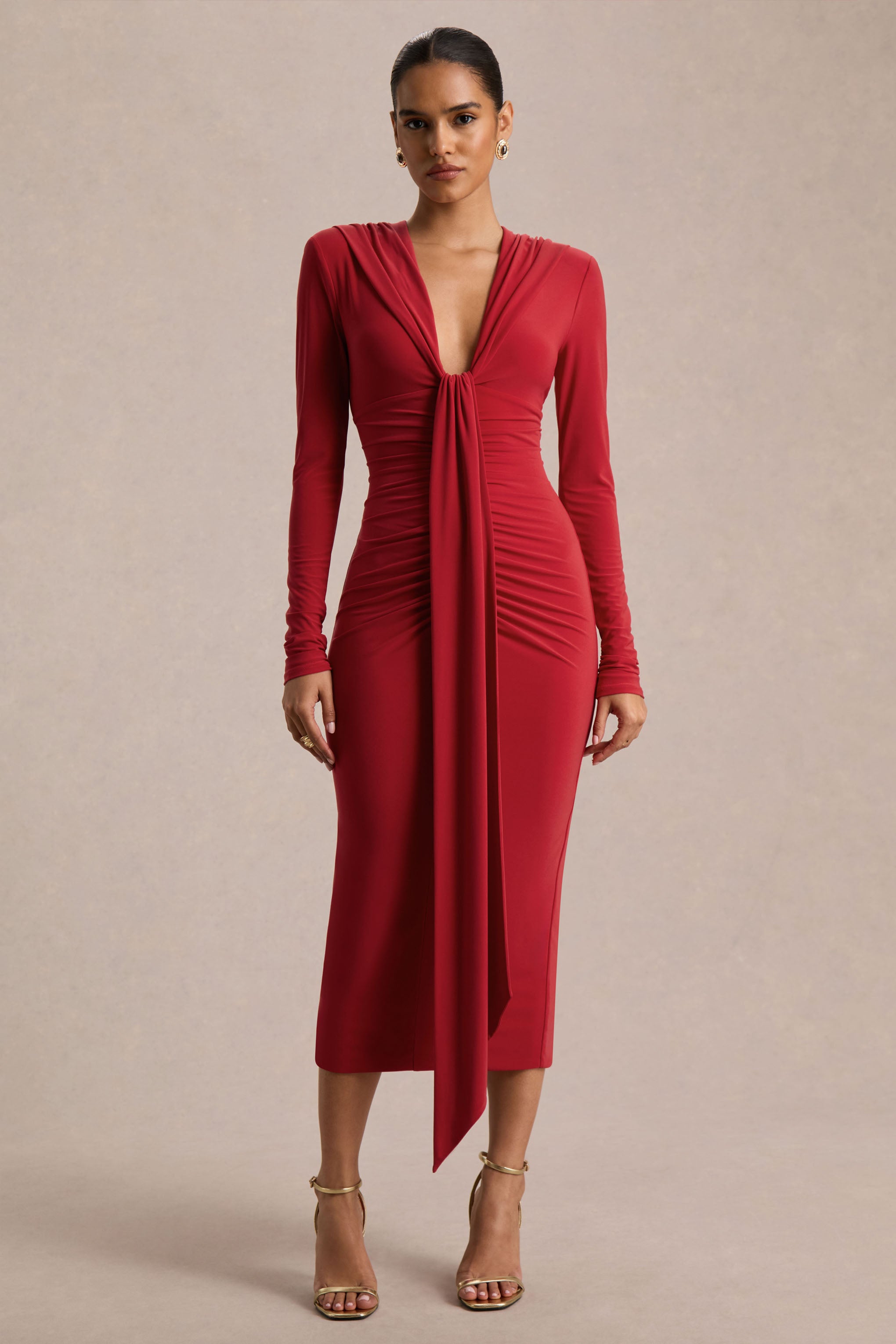 Ivara | Red Plunge-Neck Maxi Dress With Ruched Detailing And Sash-Sowoom