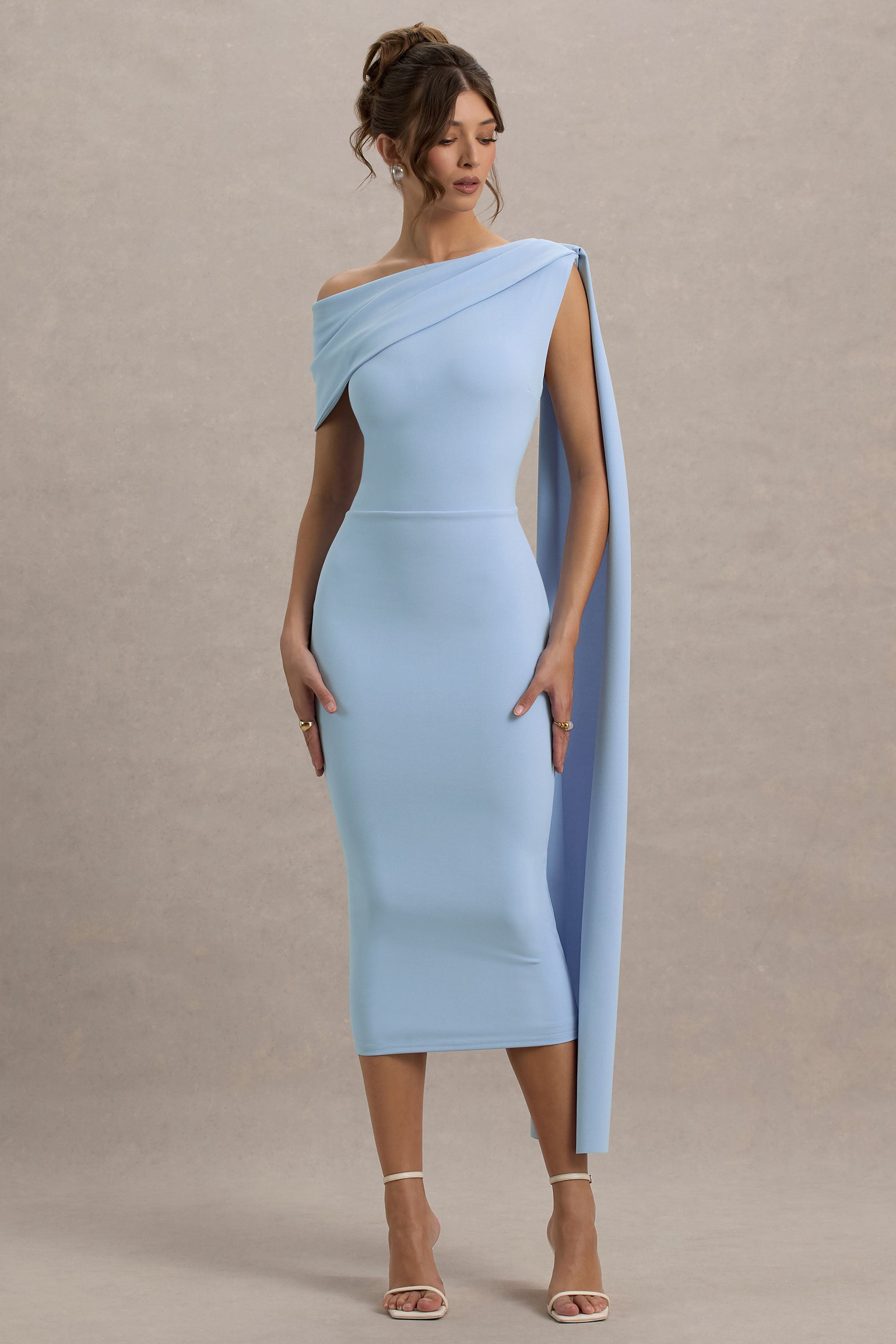 Niamh | Powder Blue Asymmetric Midi Dress With Drape-Sowoom