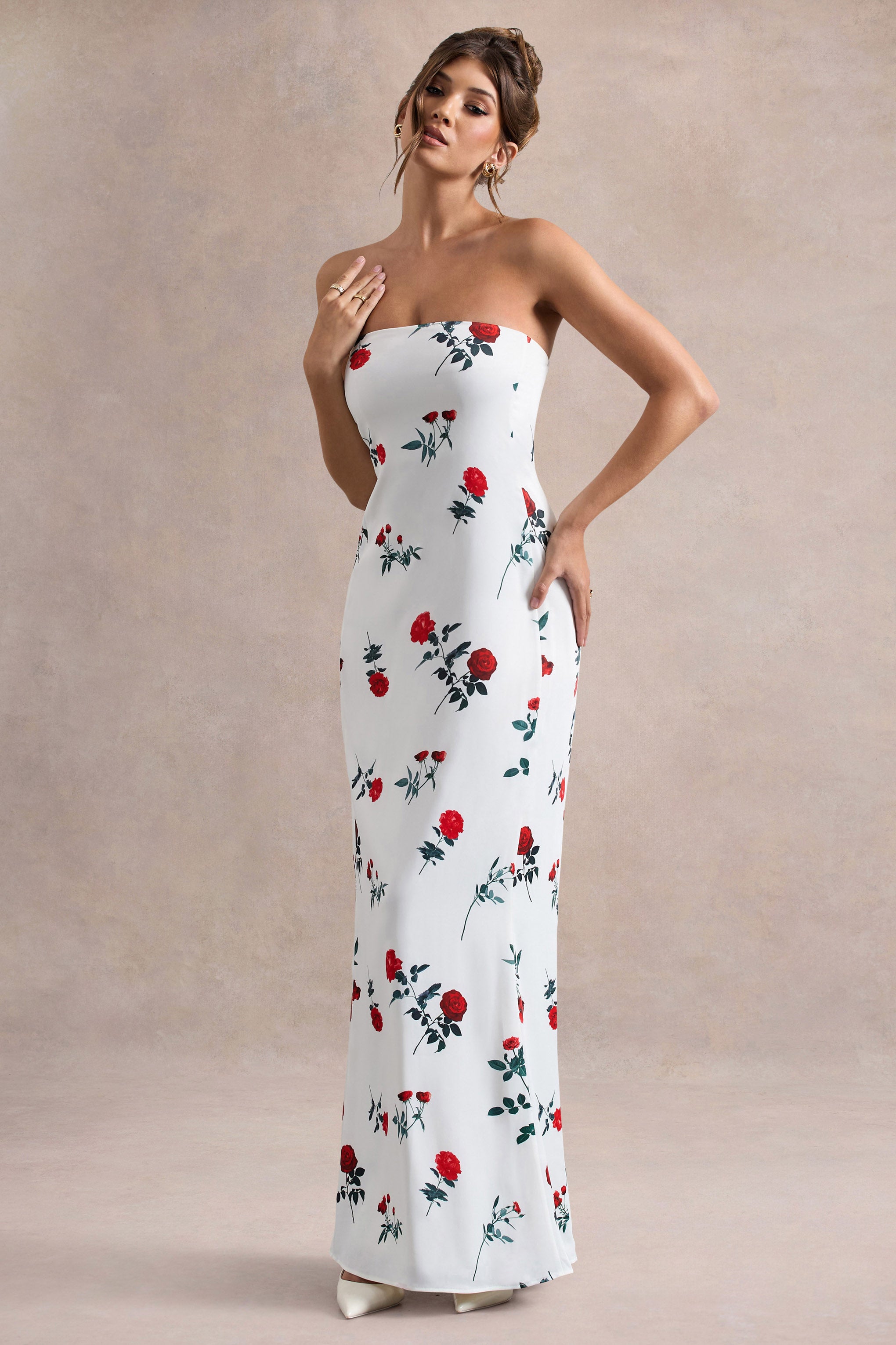 Azra | Rose Print Satin Bandeau Maxi Dress-Sowoom