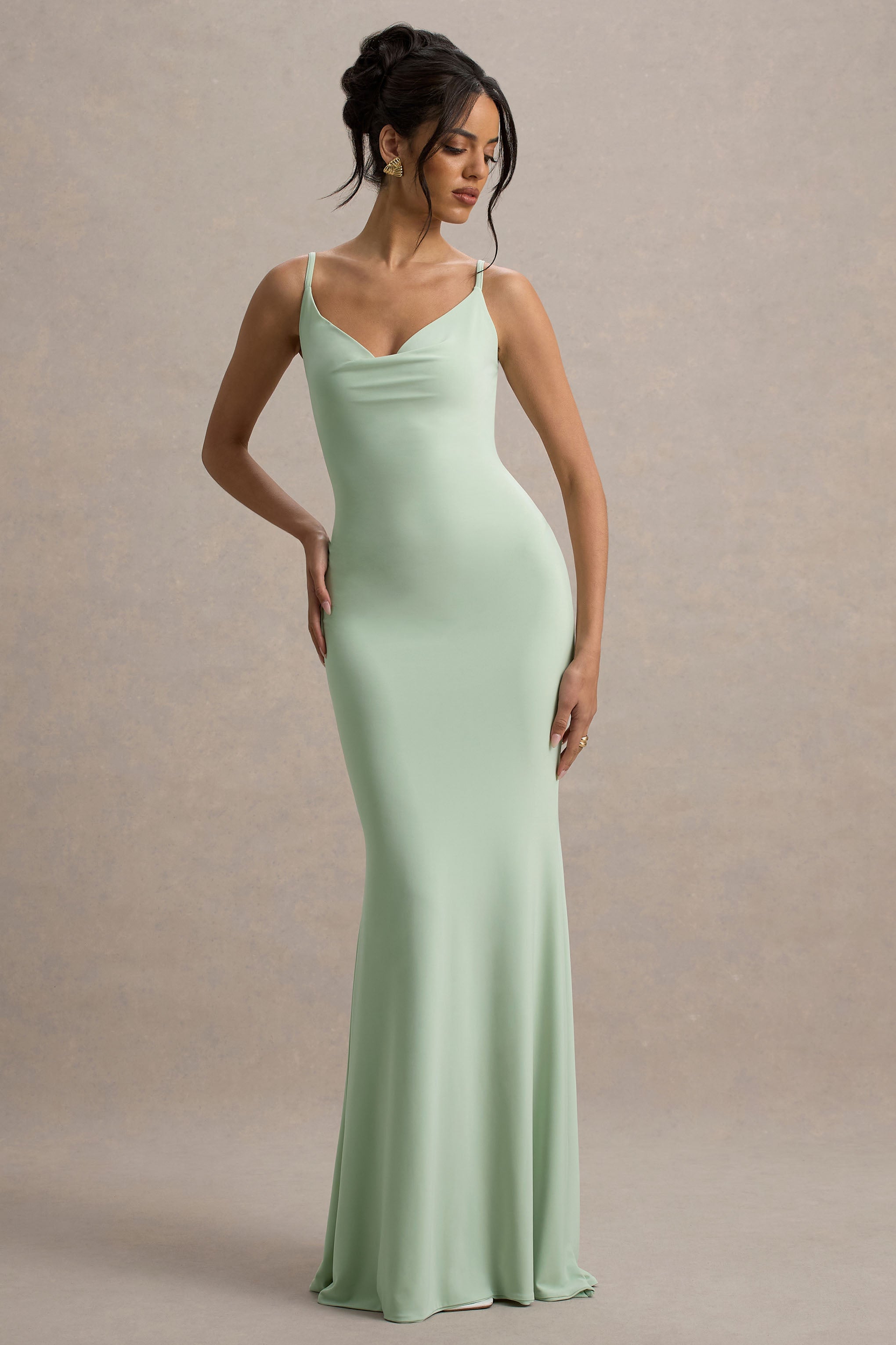 Francoise | Light Green Cowl Neck Backless Maxi Dress With Lace Insert-Sowoom