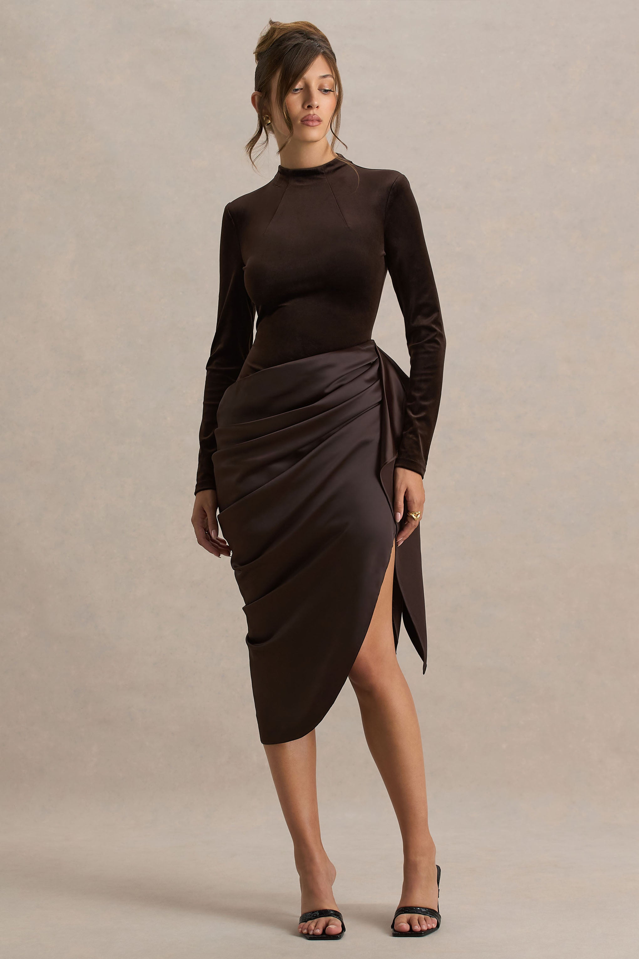 Sasha | Brown Satin And Velvet Midi Dress With Wrap-Detail-Sowoom