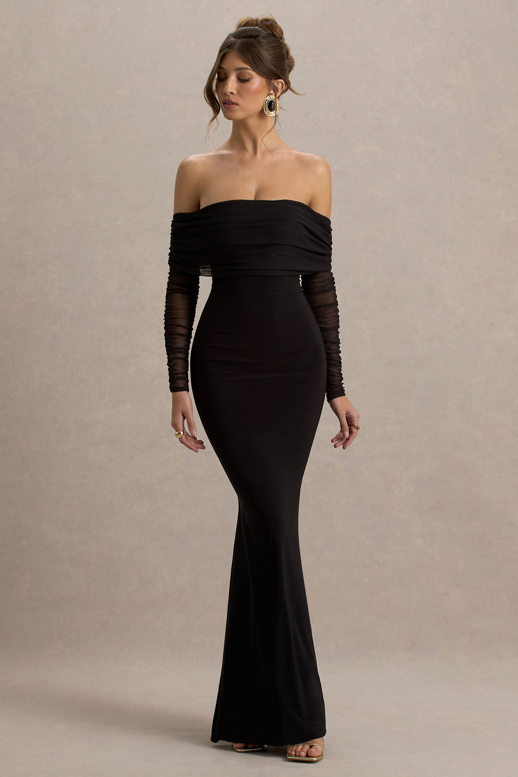 Madeleine | Black Fishtail Maxi Dress With Bardot Mesh Long Sleeves-Sowoom