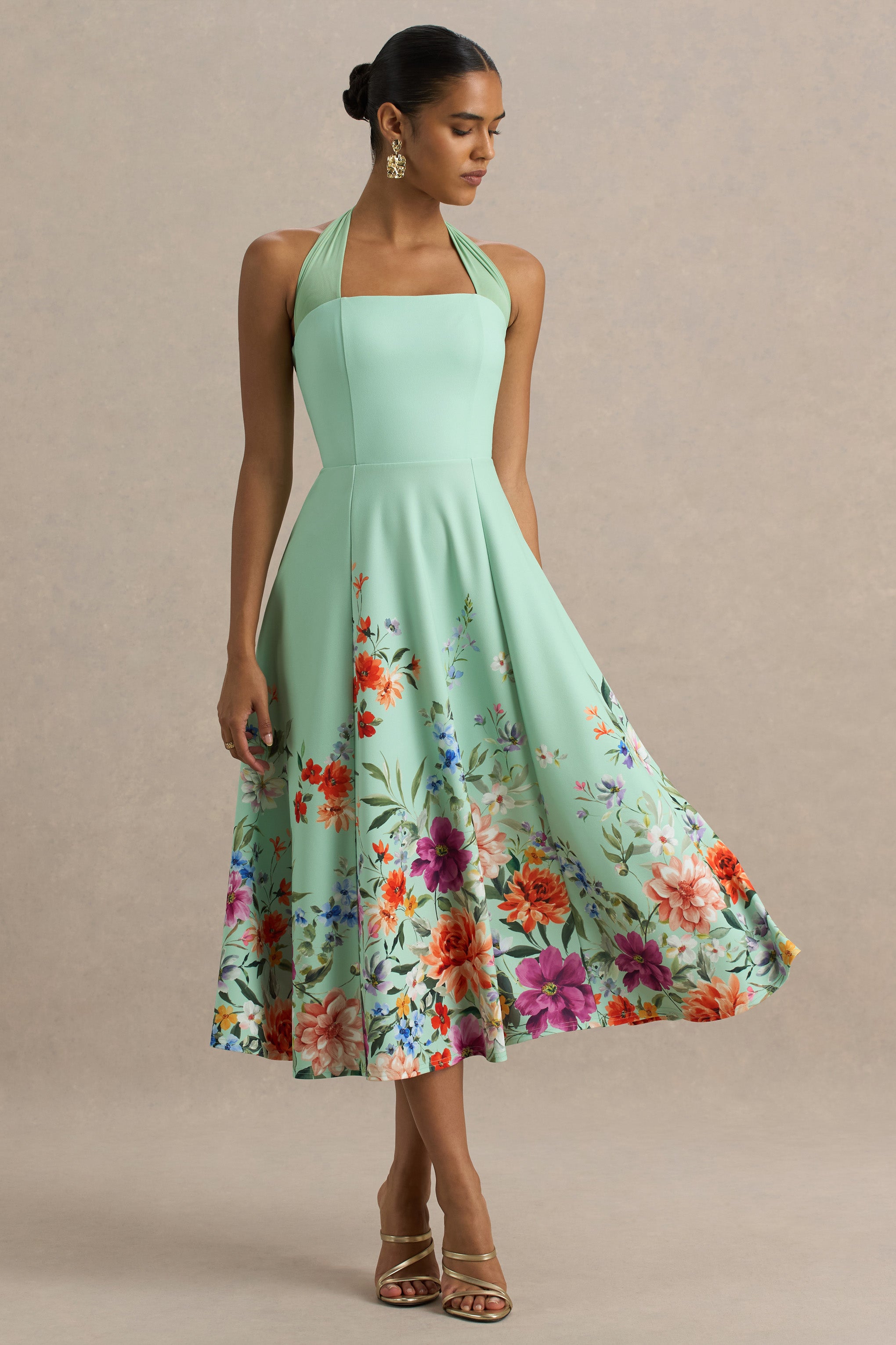 Auburn | Mint Placement Floral Halter-Neck Midi Dress-Sowoom