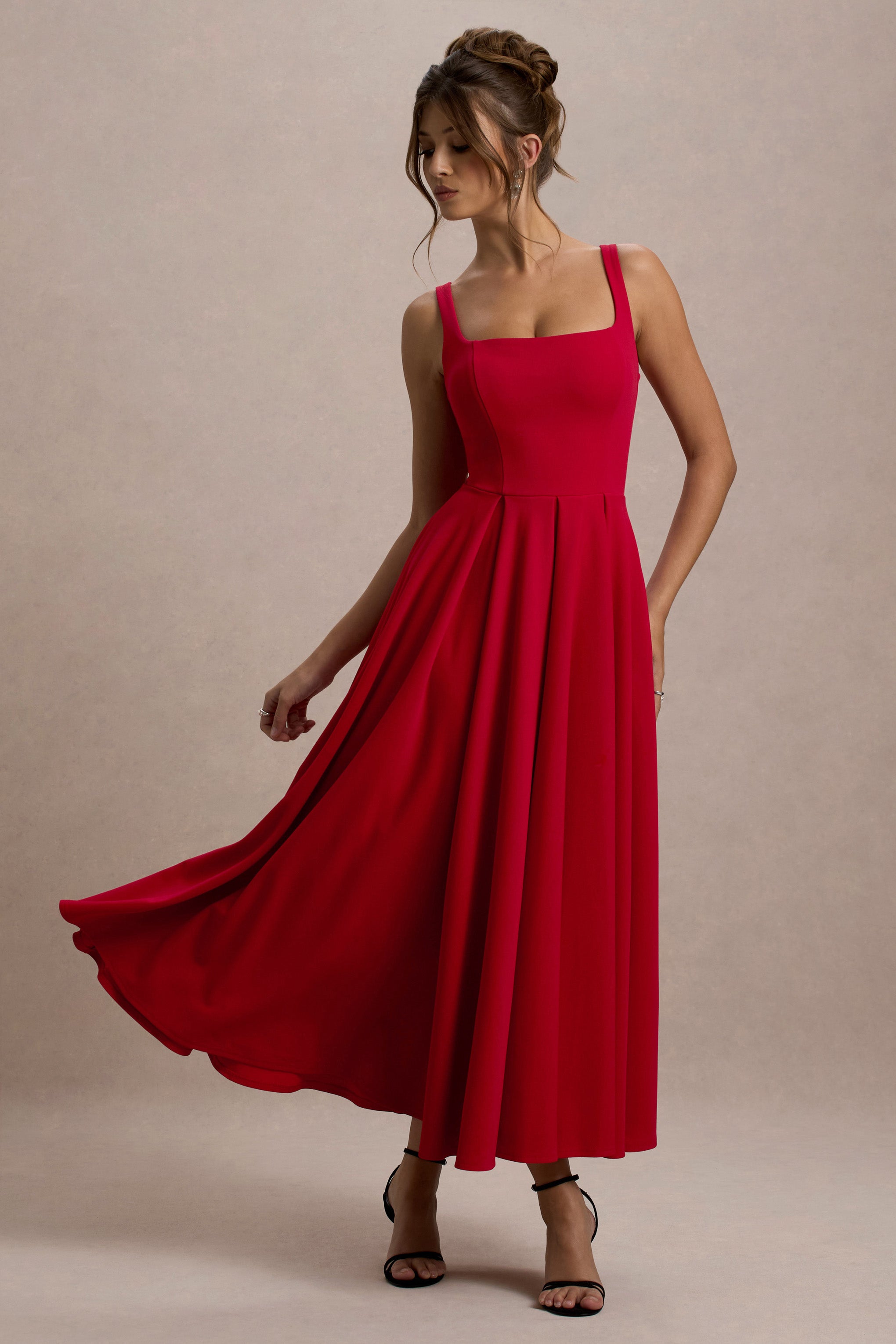 Parina | Red Strappy Volume-Hem Midi Dress-Sowoom