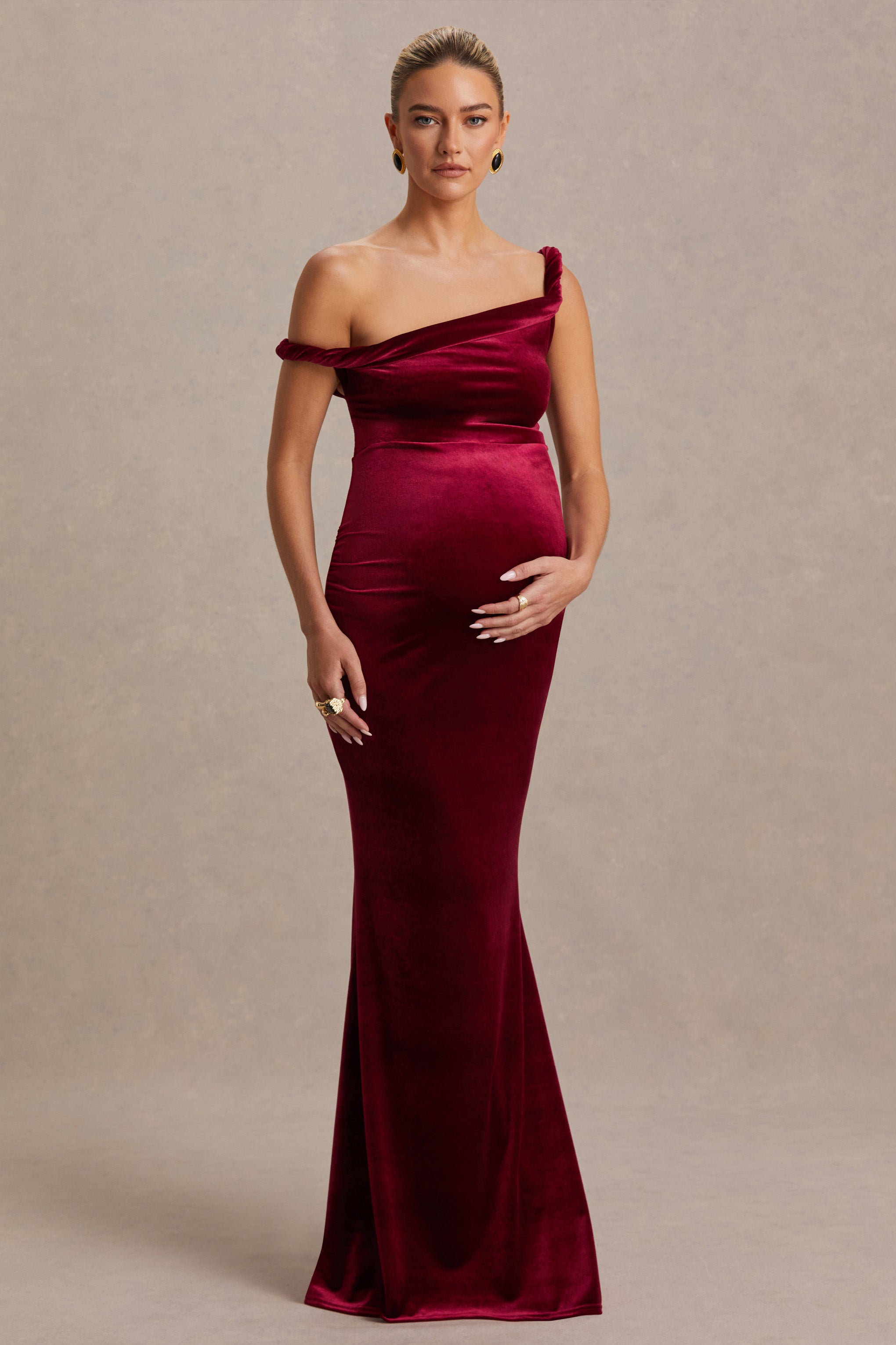 Tallulah | Burgundy Velvet Asymmetric-Neck Maternity Maxi Dress With Twist-Sleeve-Sowoom