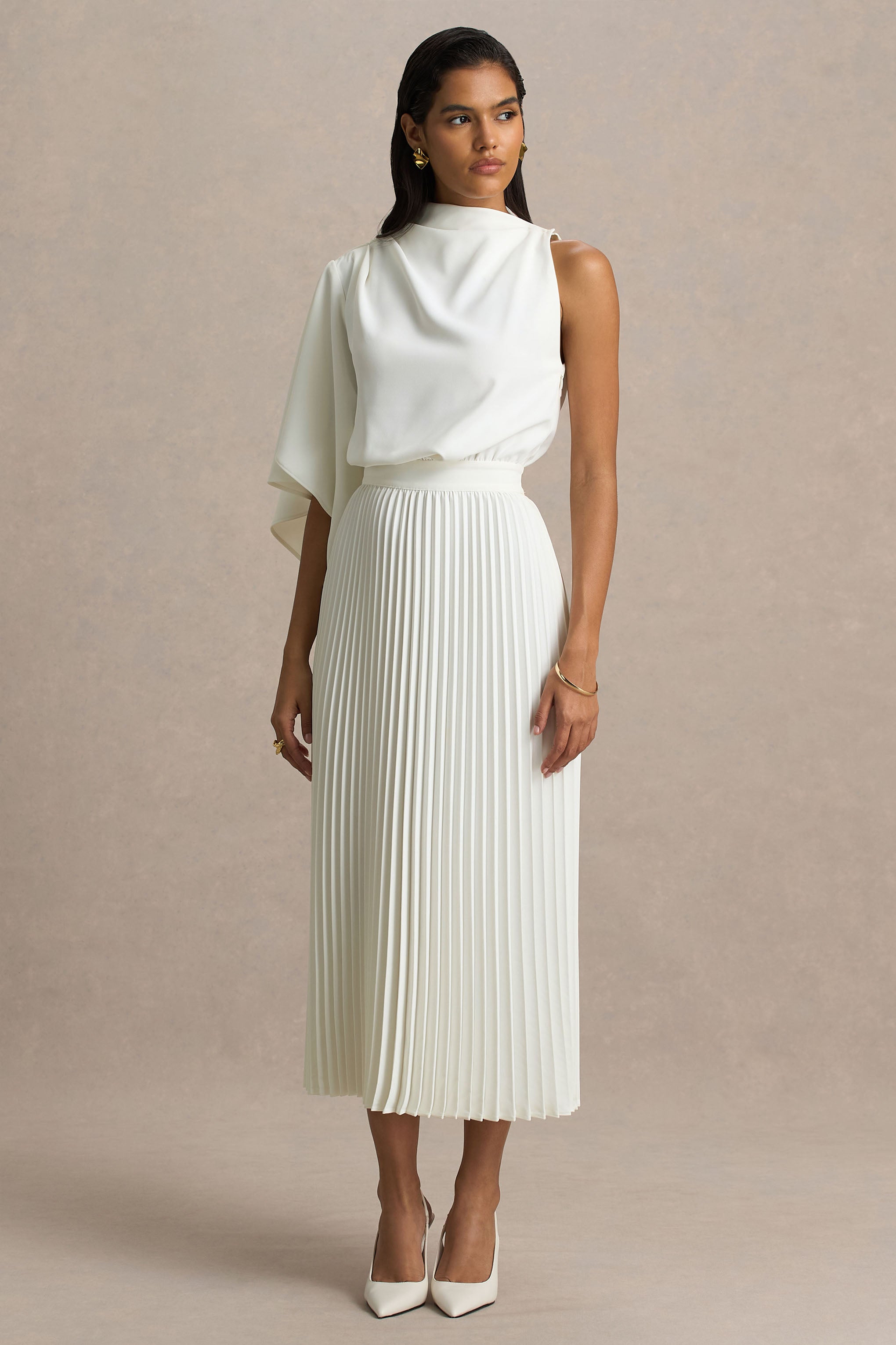 Jimena | Cream High-Neck Midi Dress With One-Long Sleeve And Pleated Detailing-Sowoom