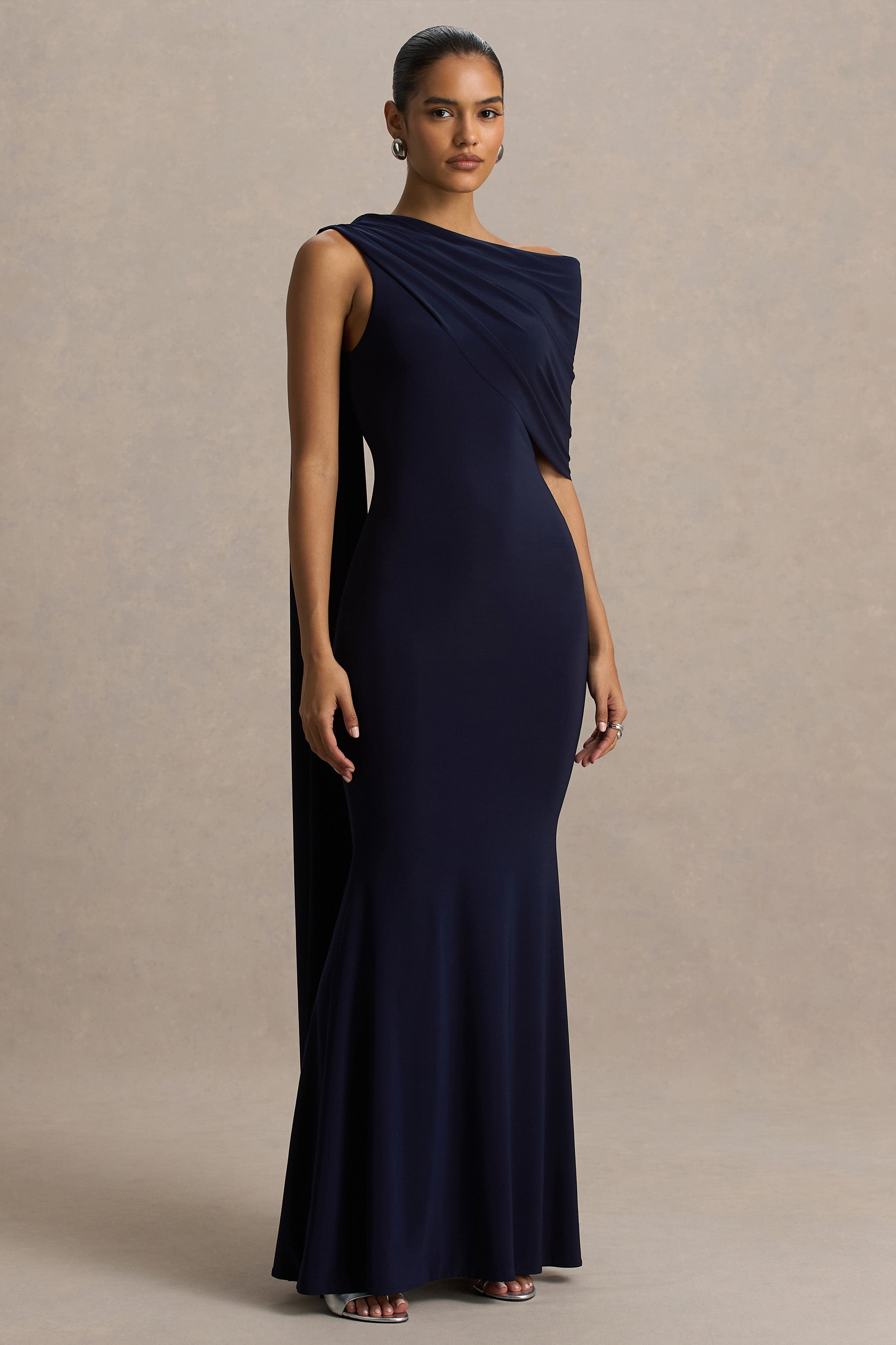 Tiana | Navy Asymmetric-Neck Maxi Dress With Drape-Detail-Sowoom