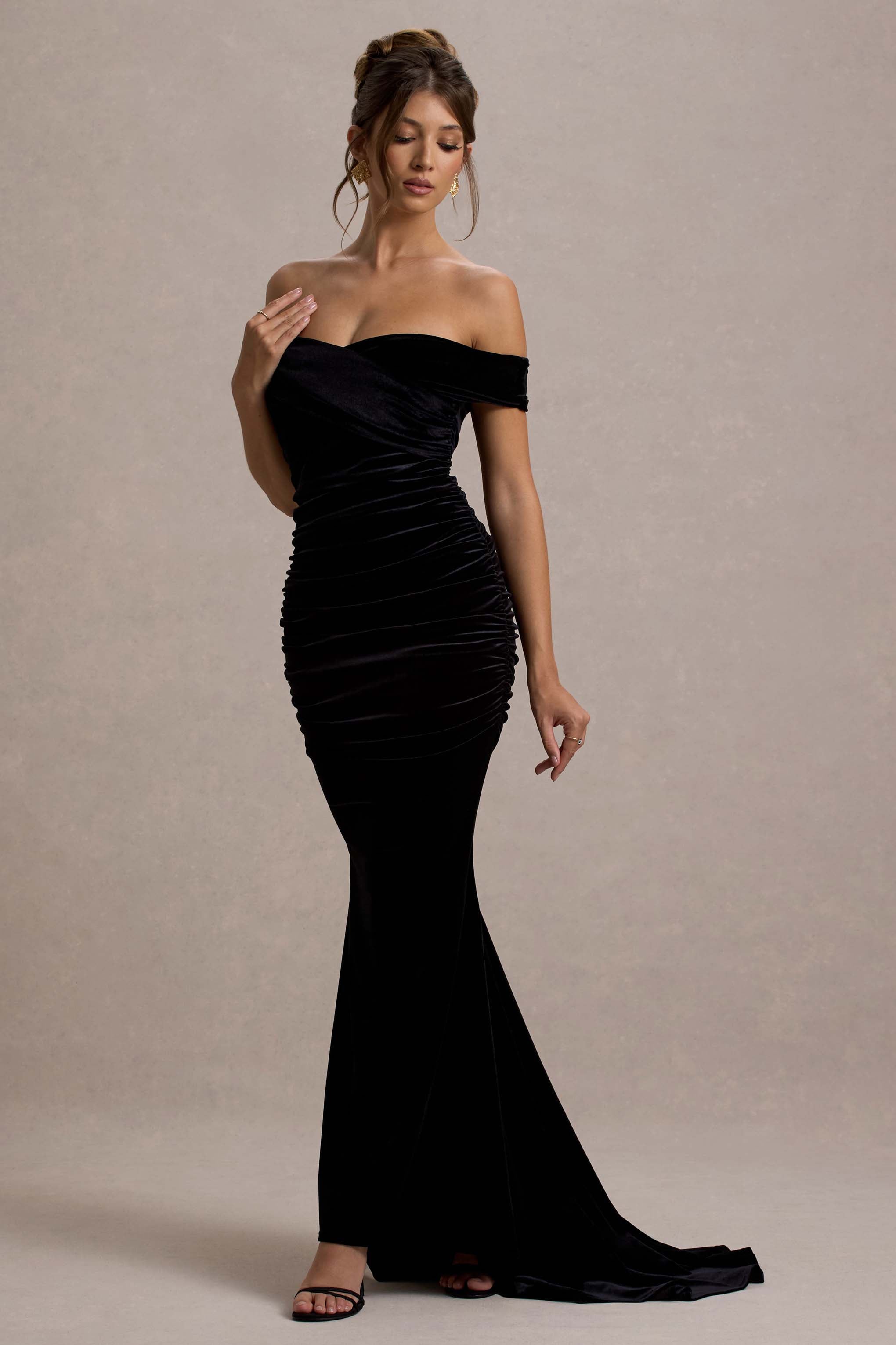 Apolline | Black Velvet Off The Shoulder Ruched Fishtail Maxi Dress-Sowoom