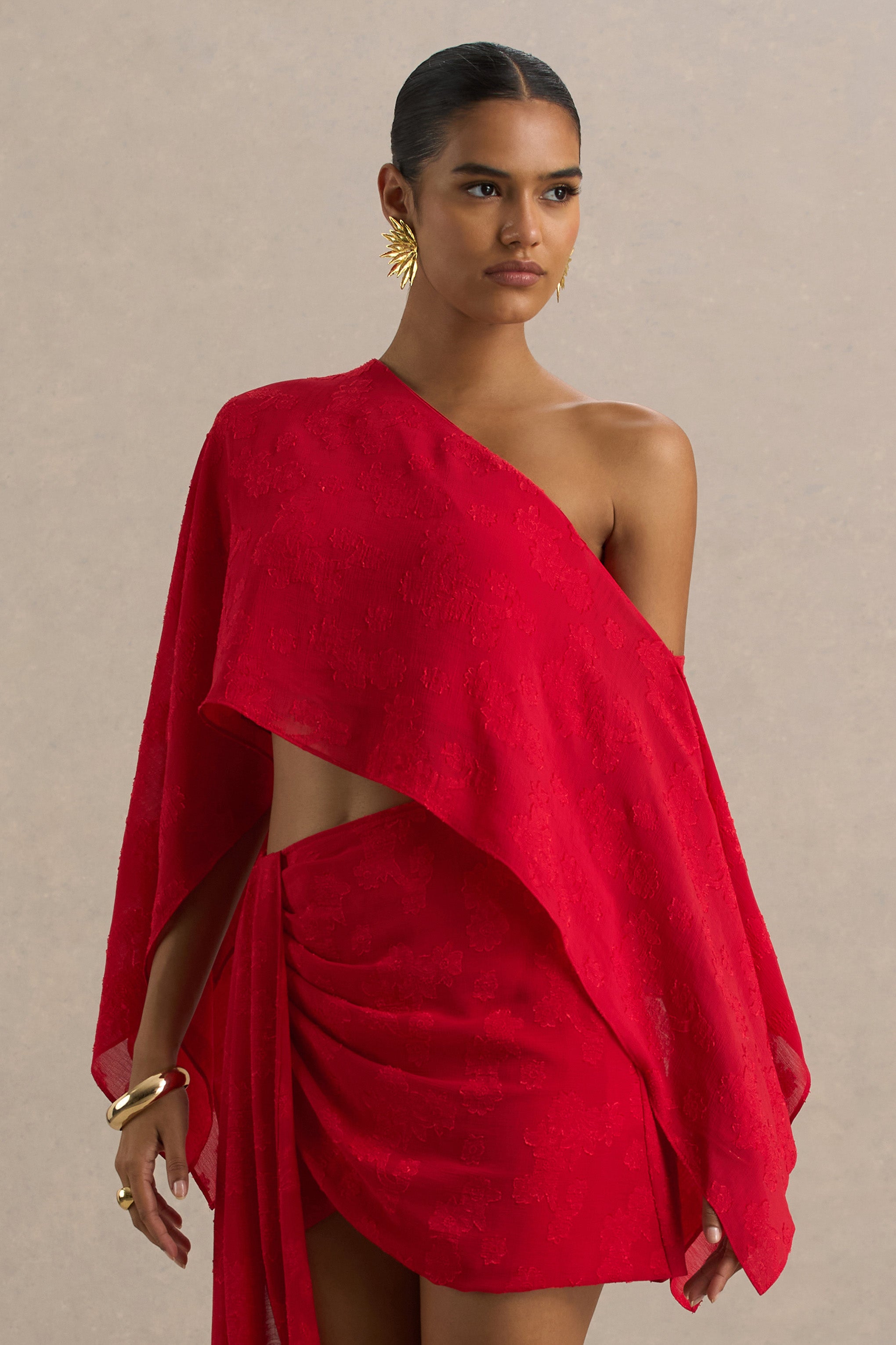 Aruba | Red Satin Devore Asymmetric Long-Sleeve Crop Top-Sowoom