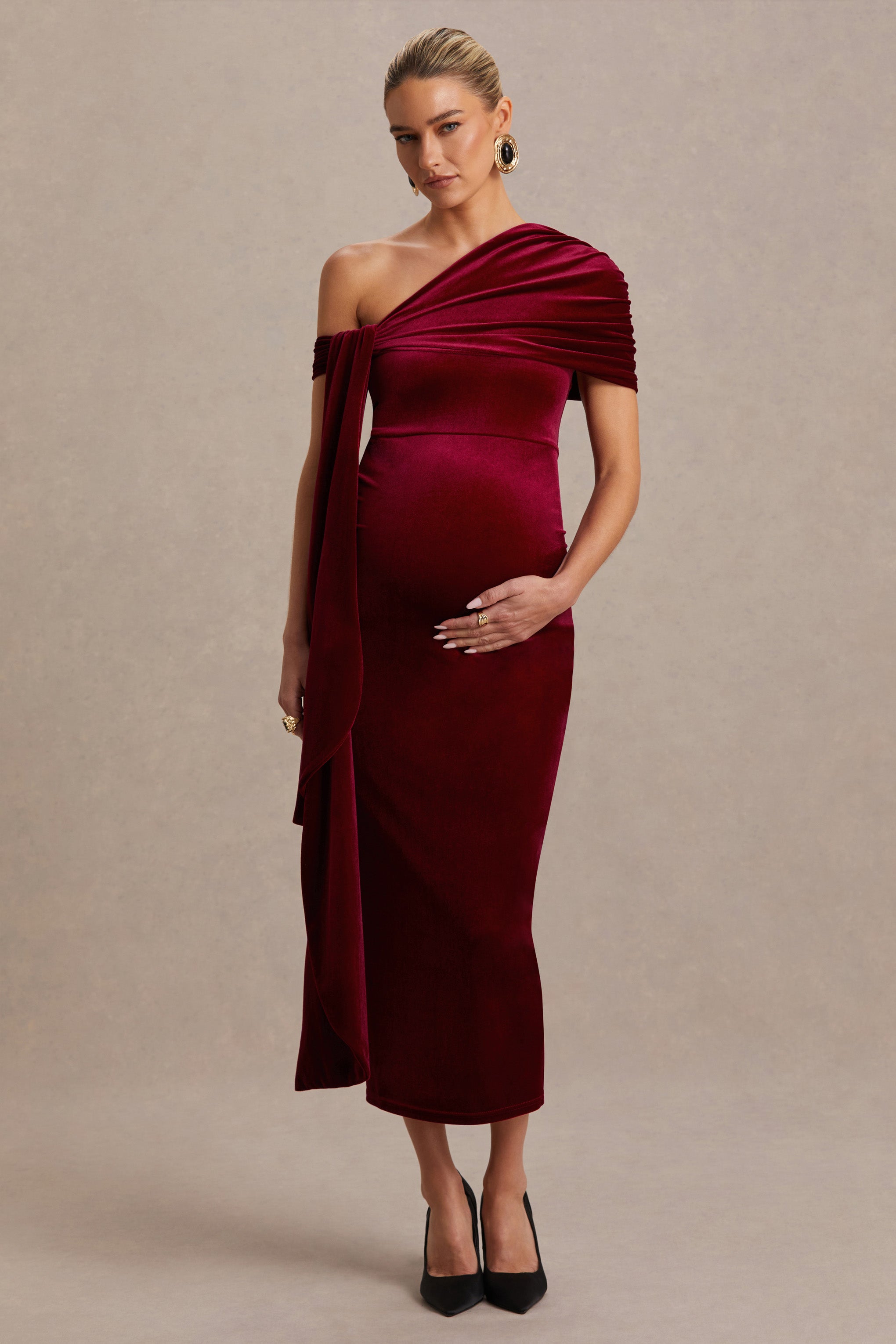 Zena | Burgundy Velvet Asymmetric-Neck Maternity Midi Dress With Knot And Sash Detail-Sowoom