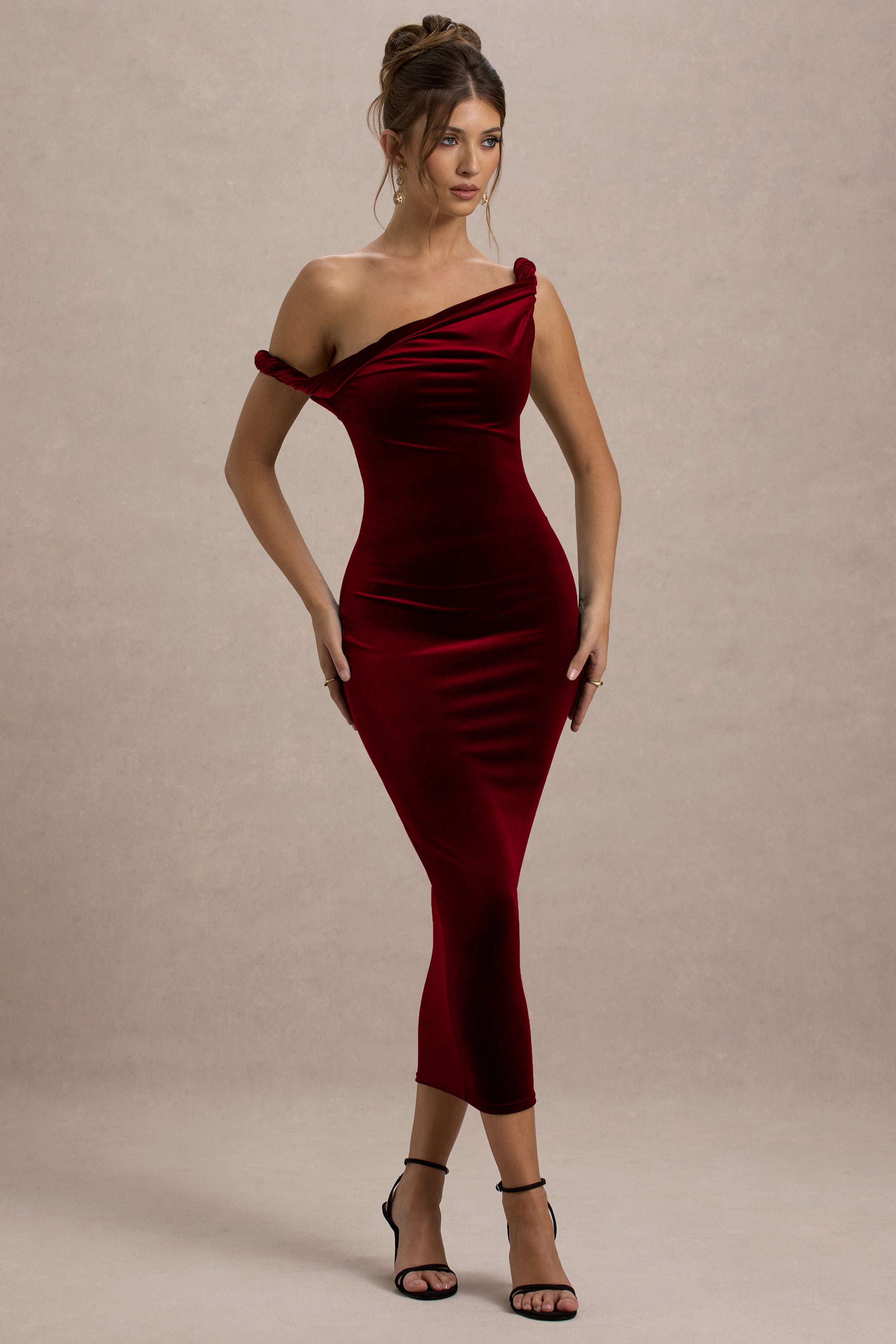 Carella | Berry Velvet Twisted Asymmetric Midi Dress-Sowoom