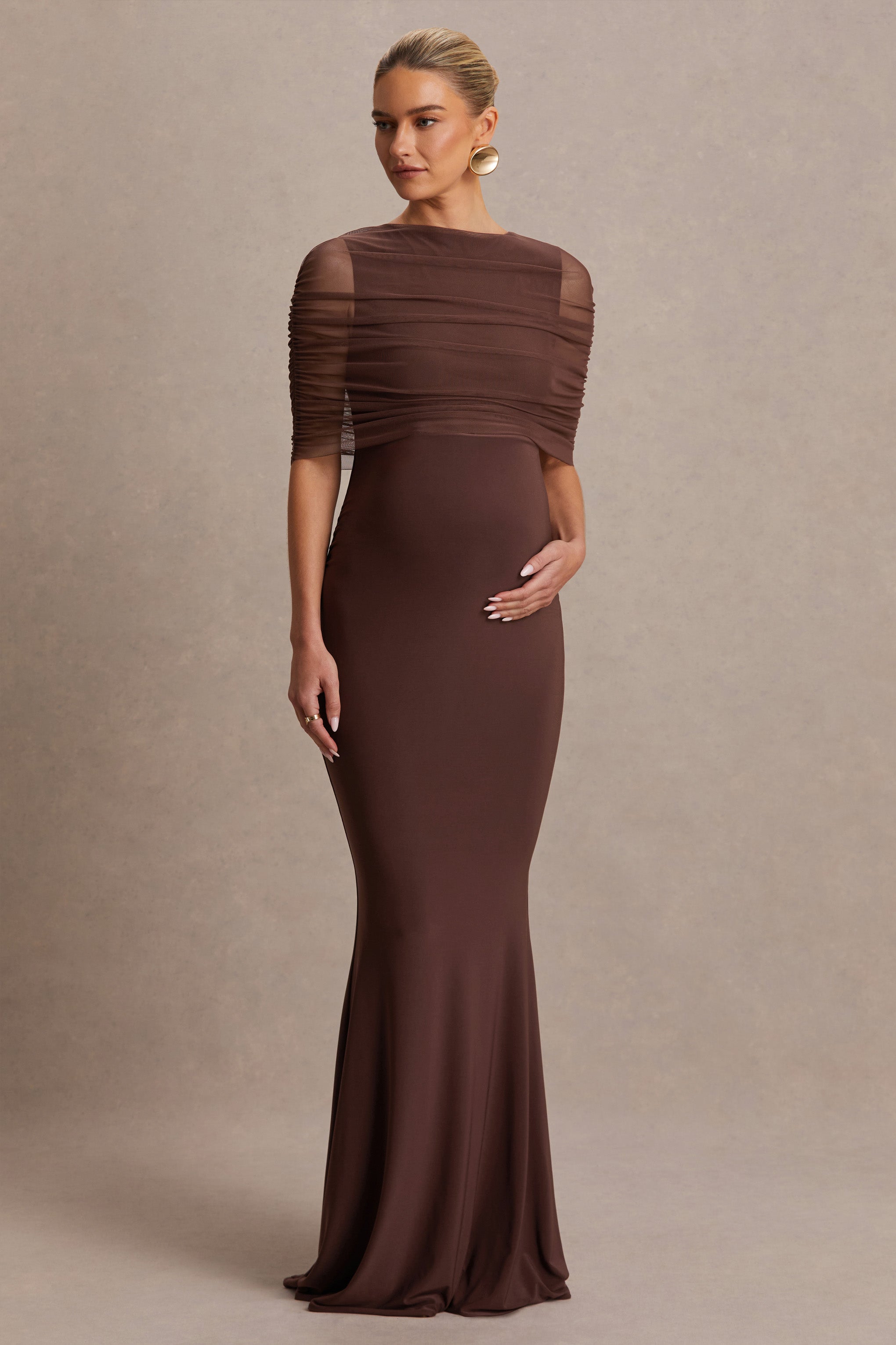 Zaria | Brown Crew-Neck Maternity Maxi Dress With Cape-Overlay-Sowoom