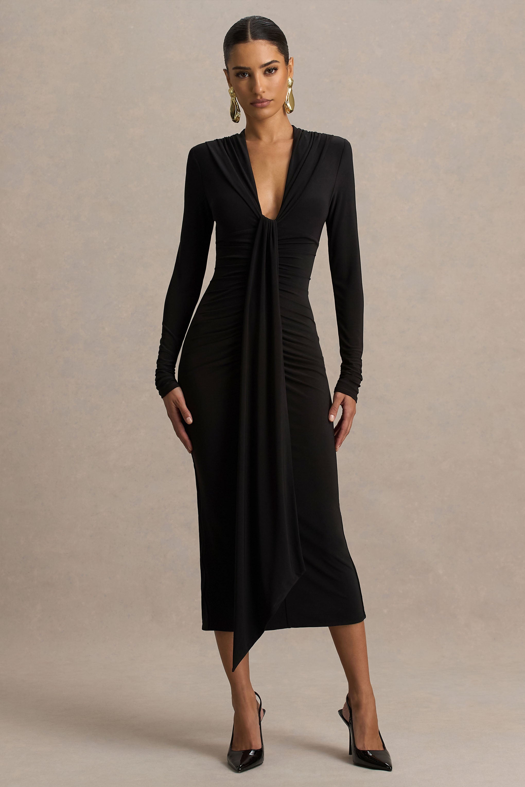 Ivara | Black Plunge-Neck Midi Dress With Ruched Detailing And Sash-Sowoom